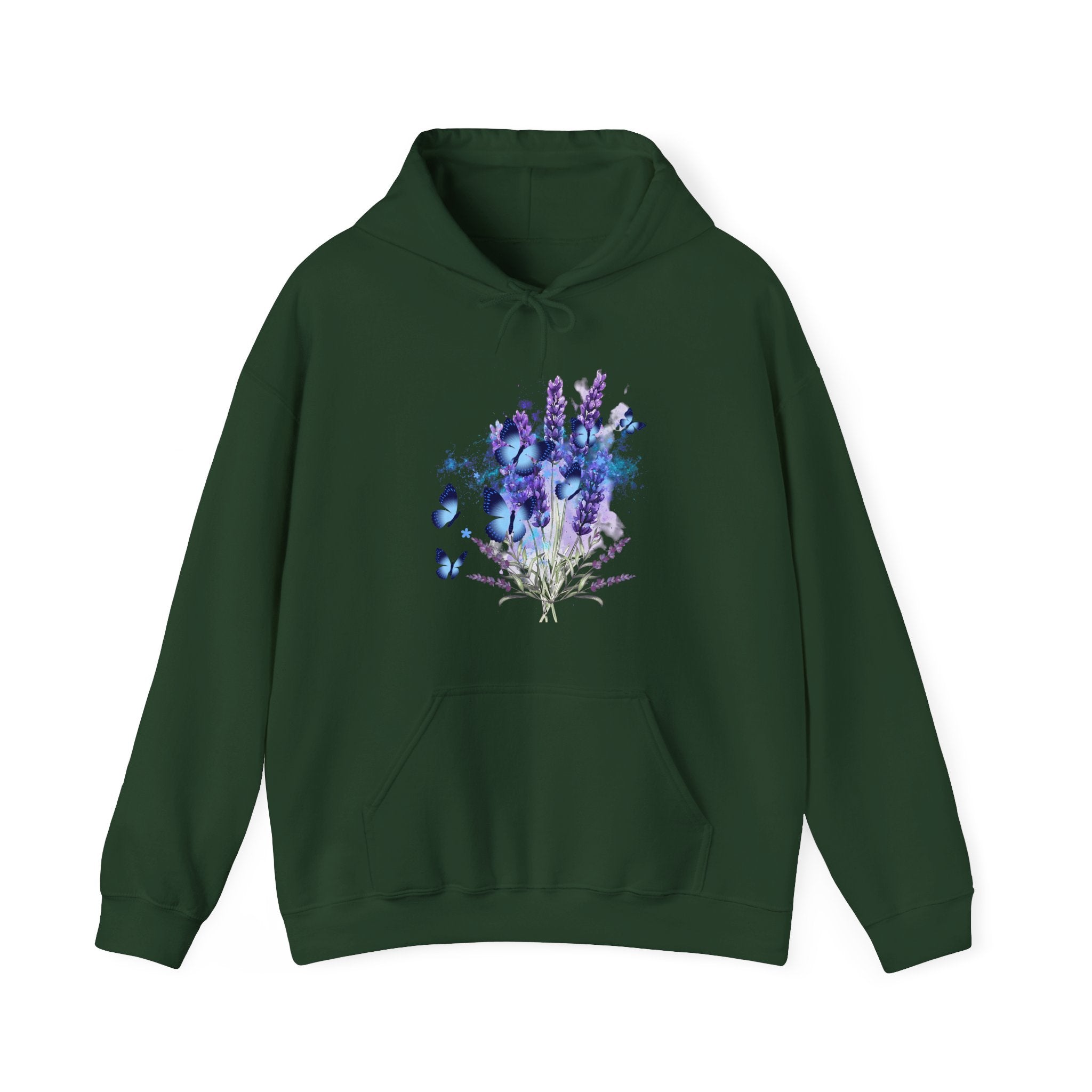 Green hoodie with a floral design on a white background