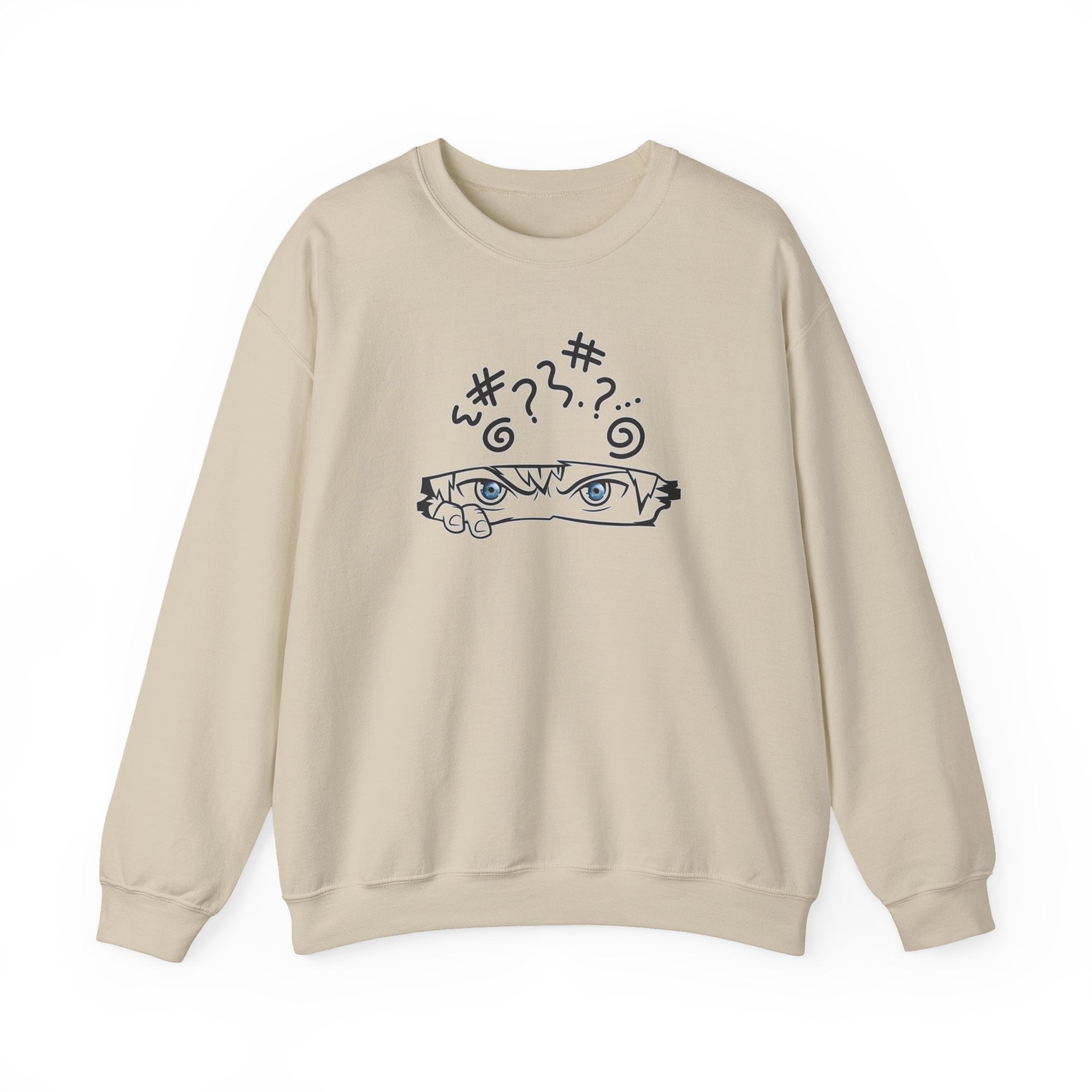 Beige sweatshirt with black anime graphic design on a white background