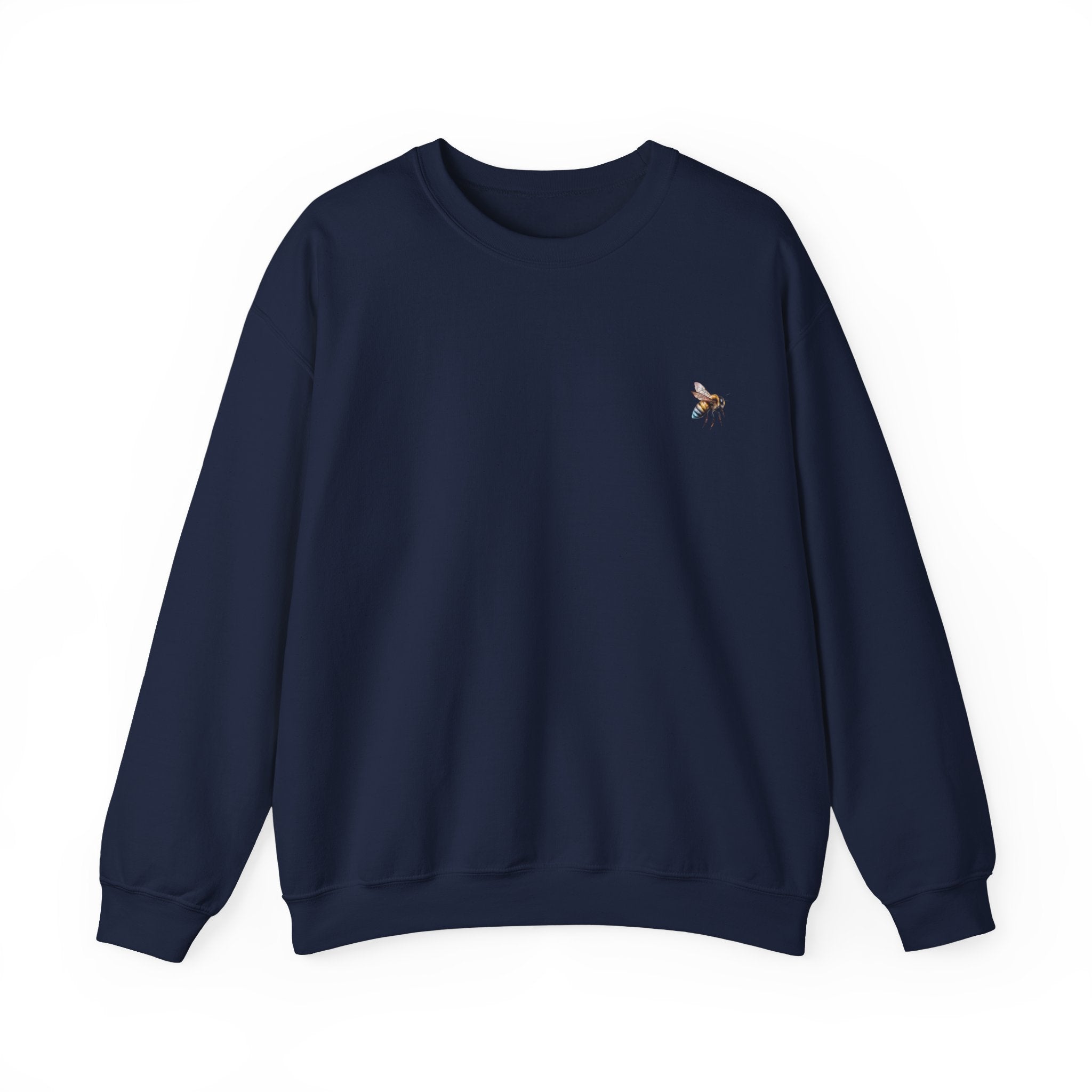 Navy blue sweatshirt with a small bee logo on a white background
