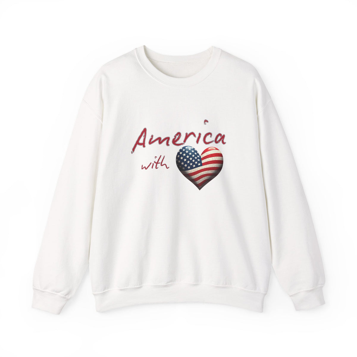White sweatshirt with 'America with Heart' design featuring an American flag on a white background