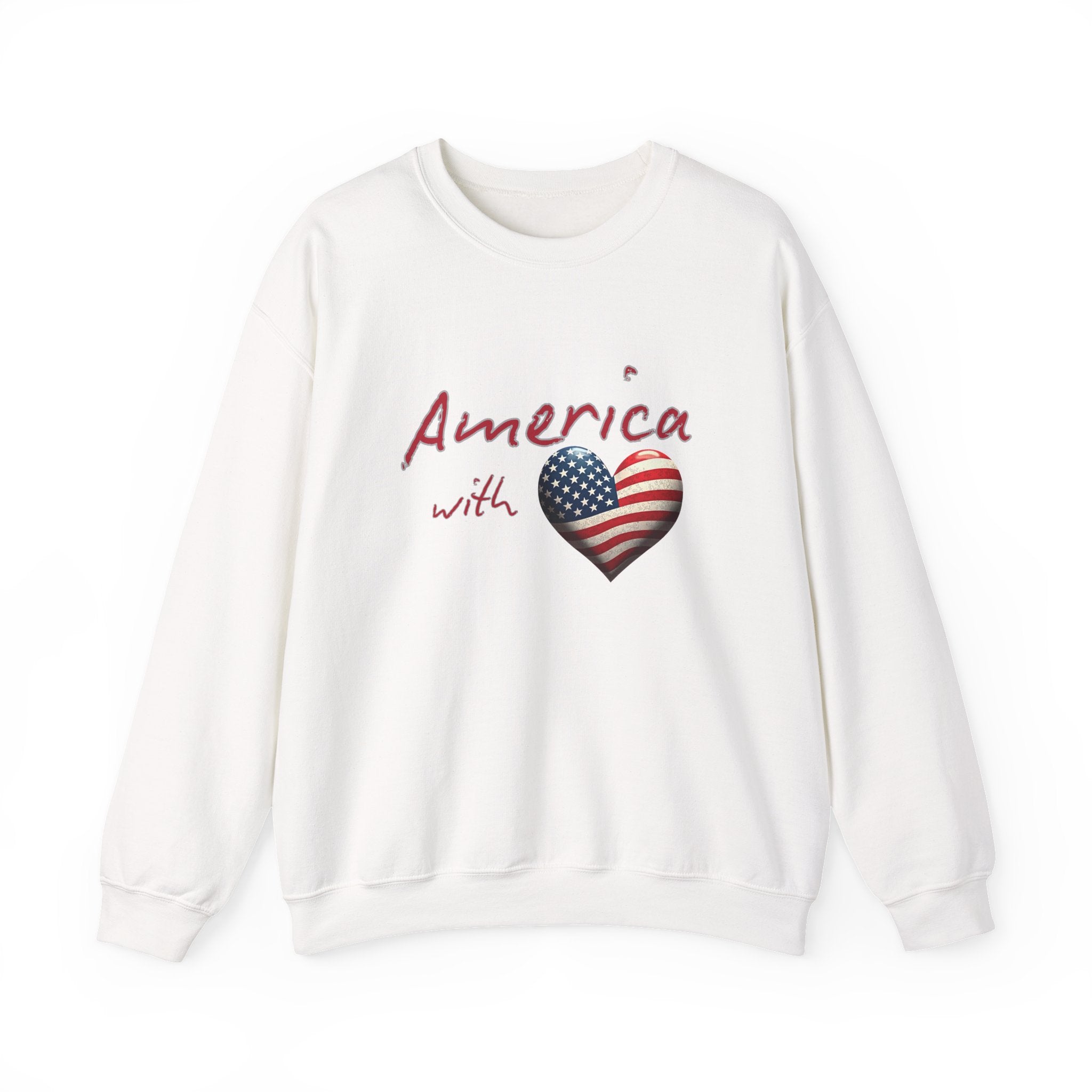 White sweatshirt with 'America with Heart' design featuring an American flag on a white background