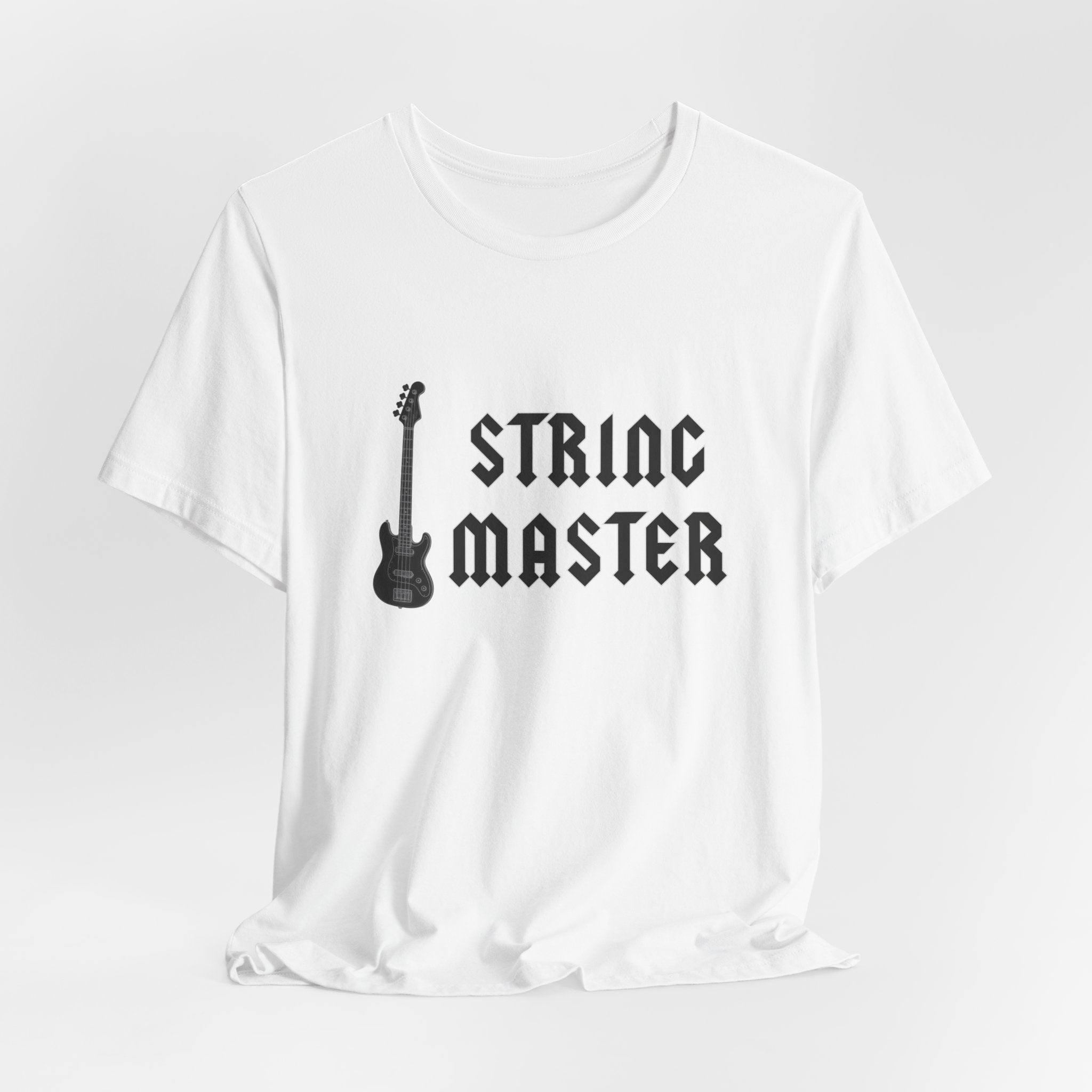 White t-shirt with 'String Master' graphic on a white background