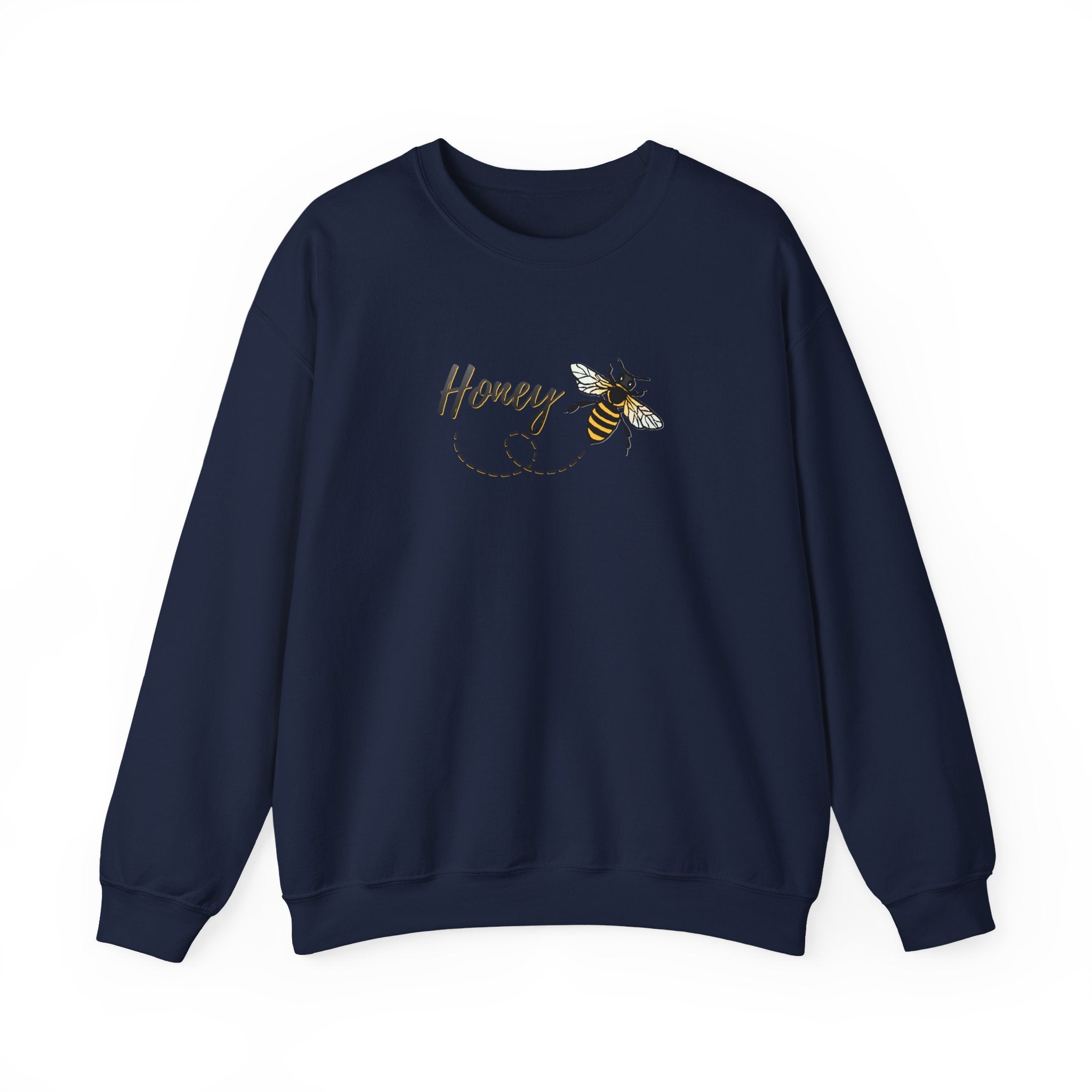 Navy blue sweatshirt with a bee and 'Honey' text design on a white background