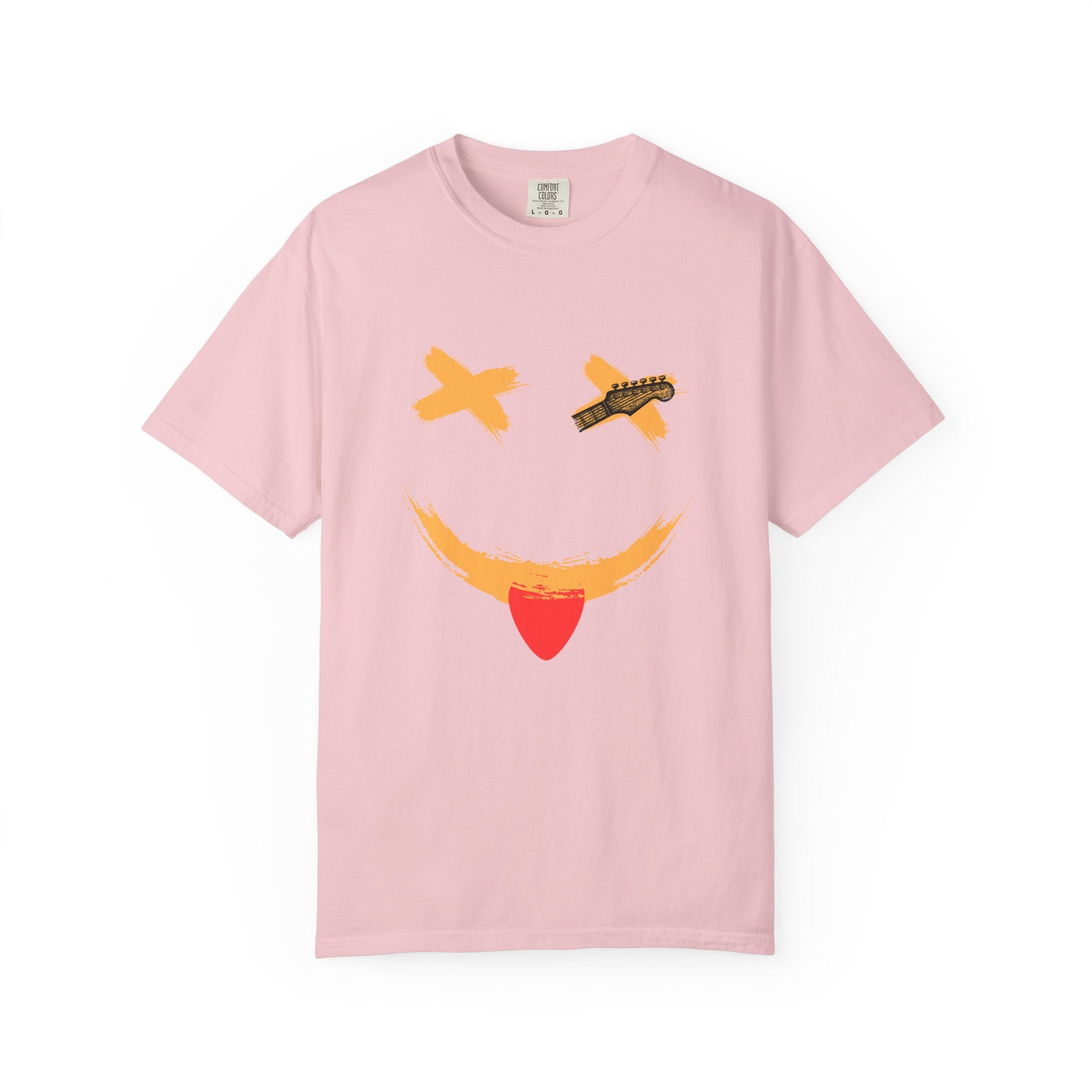 Pink t-shirt with a smiley face design on a white background