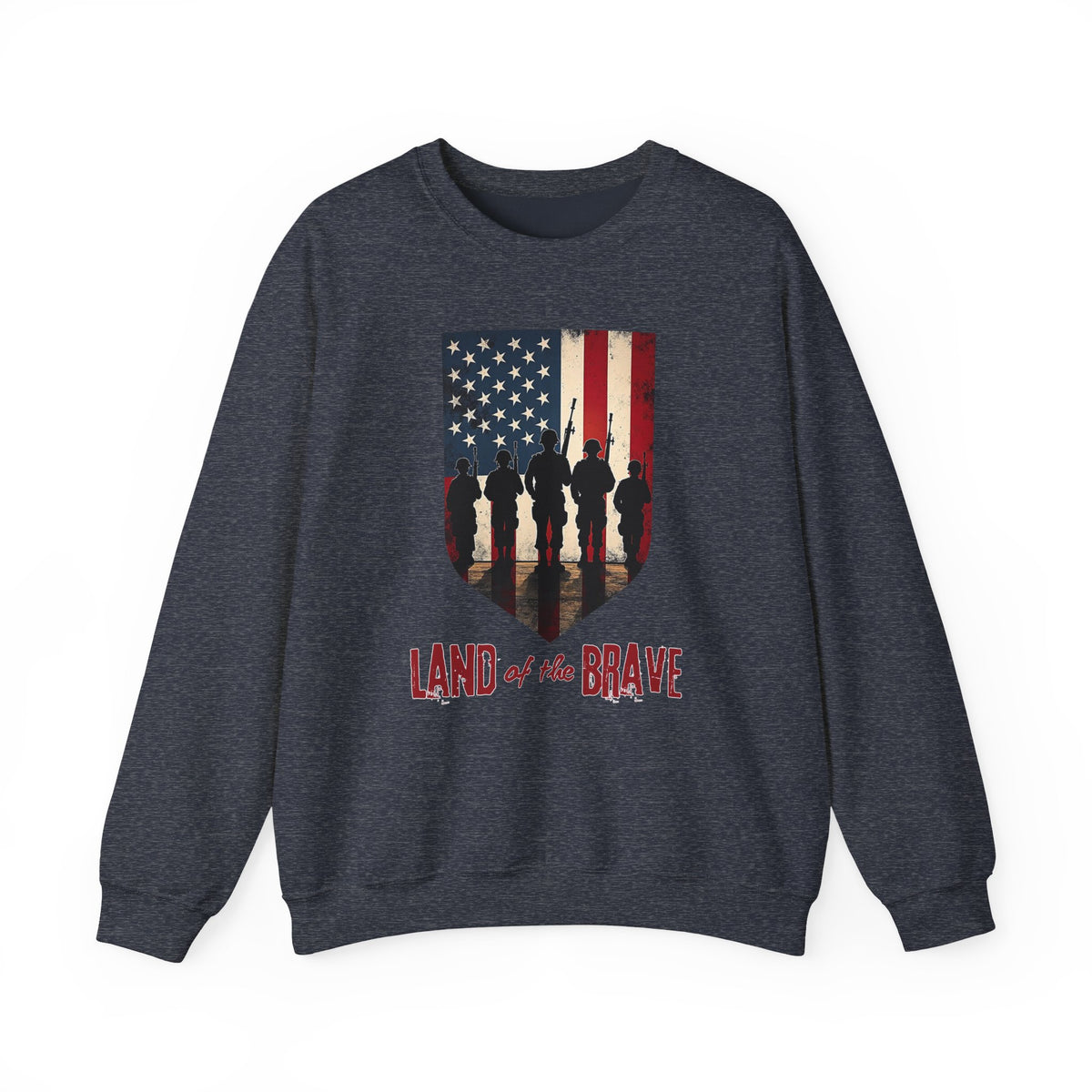 Navy sweatshirt with American flag and soldier graphic on a white background