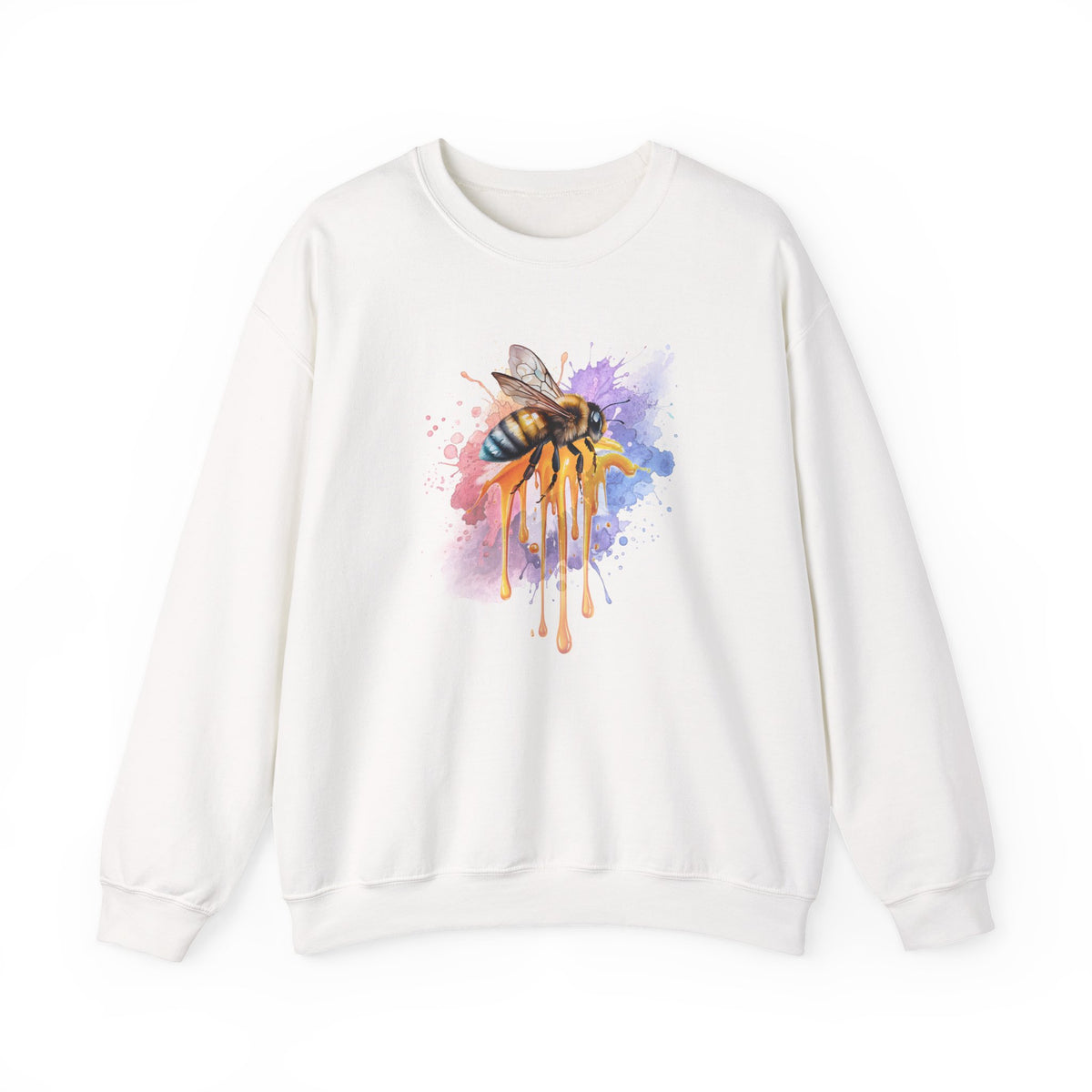 White sweatshirt with a colorful bee and honey design on a white background