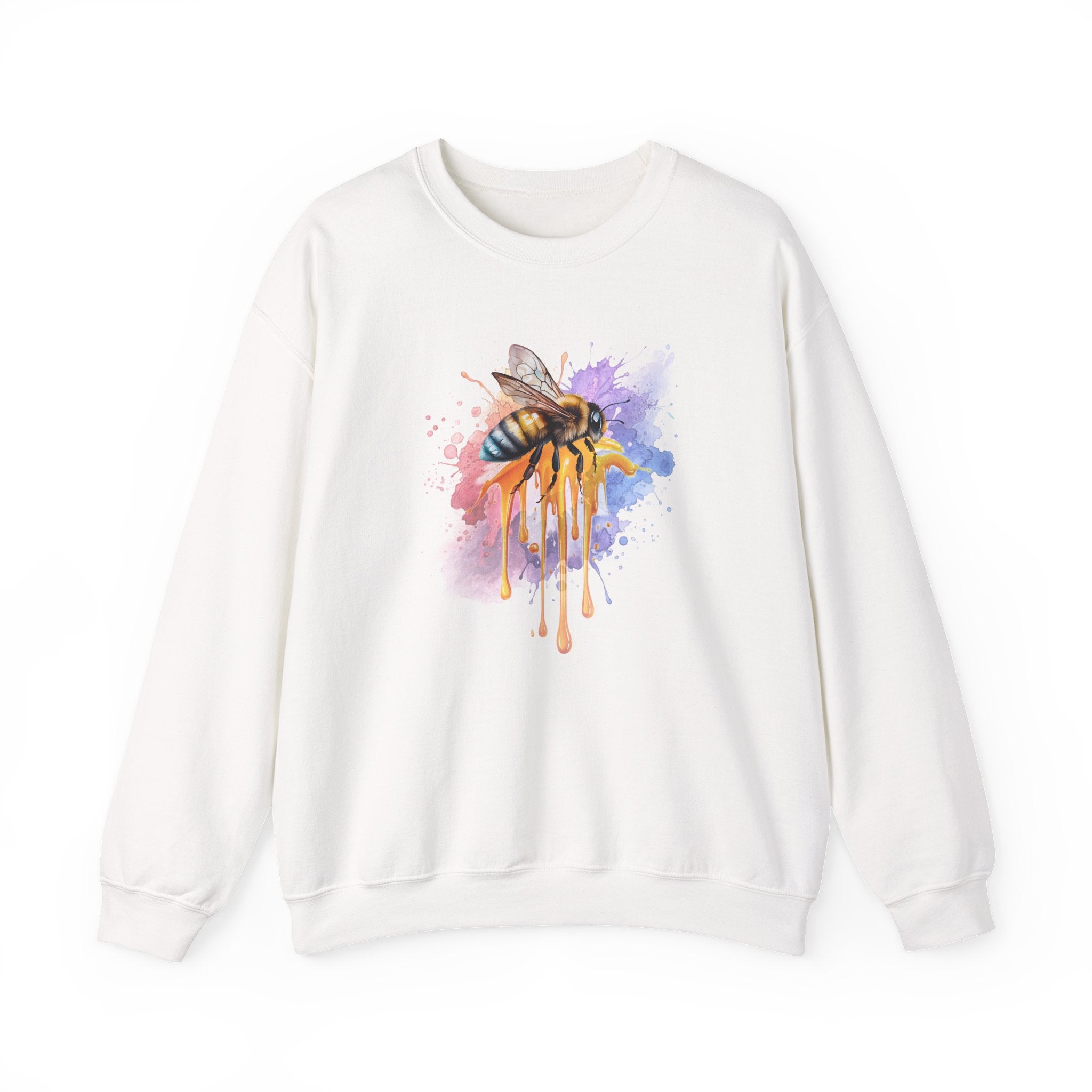 White sweatshirt with a colorful bee and honey design on a white background