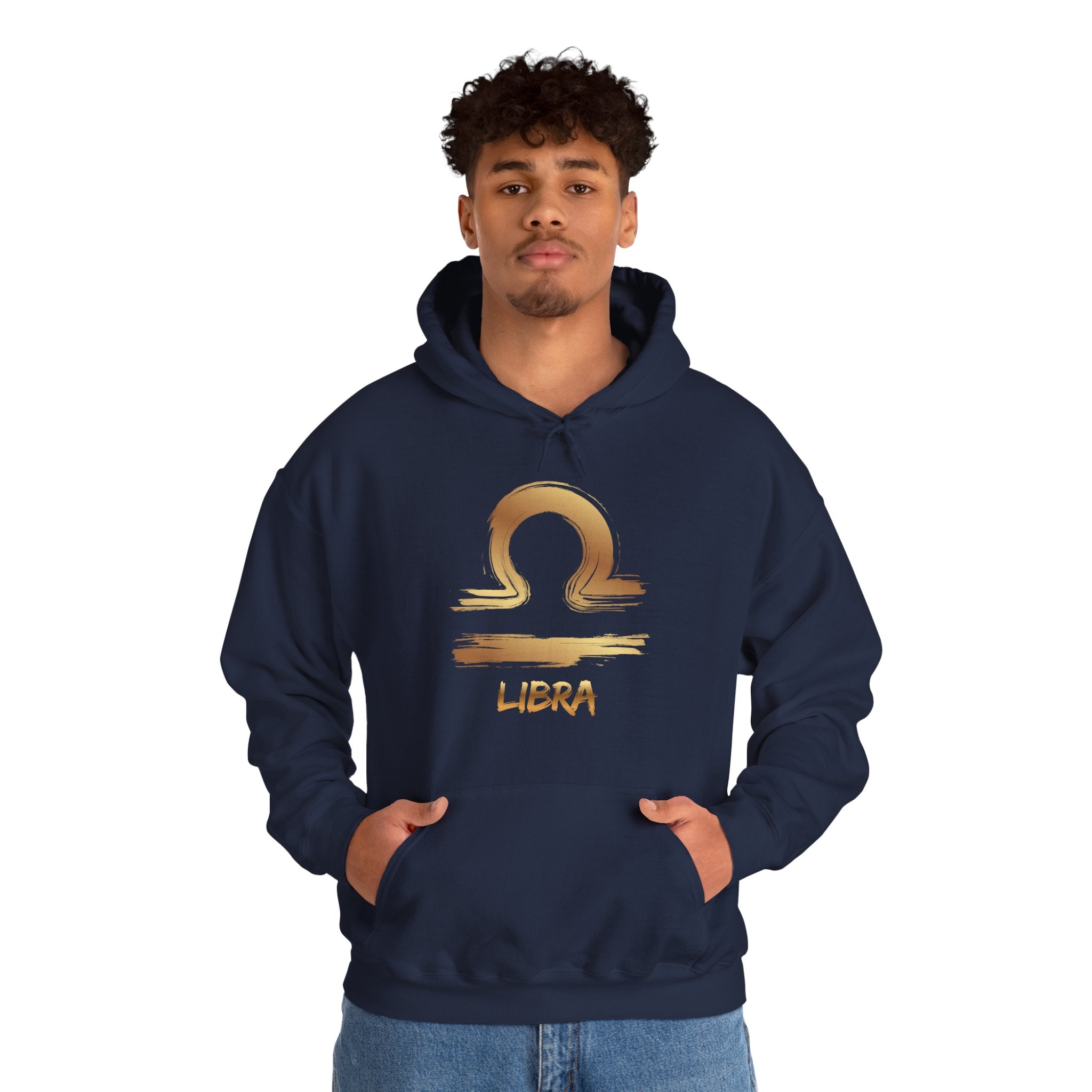 Person wearing a navy hoodie with a libra graphic and text on a white background