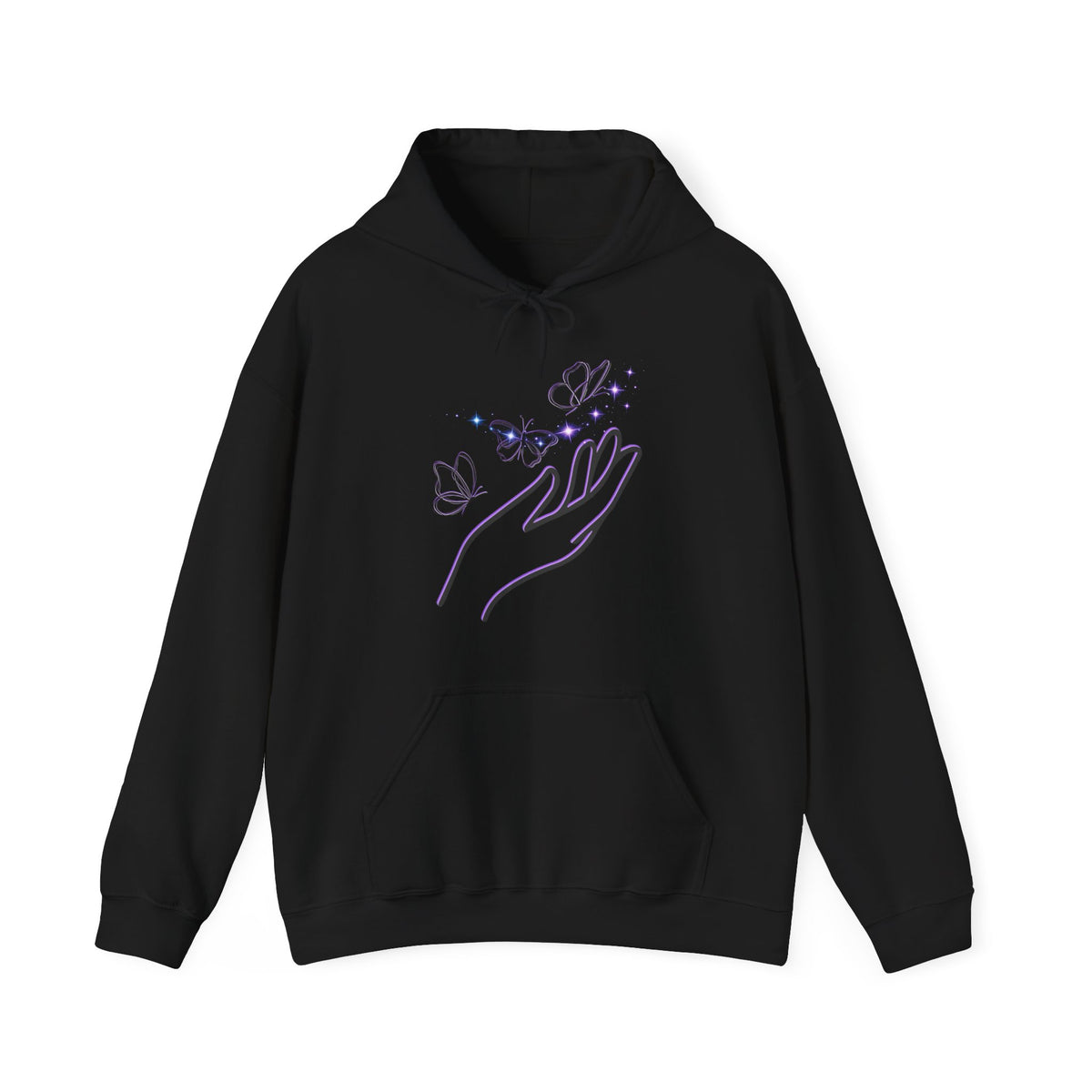 Black hoodie with a hand and butterfly design on a white background