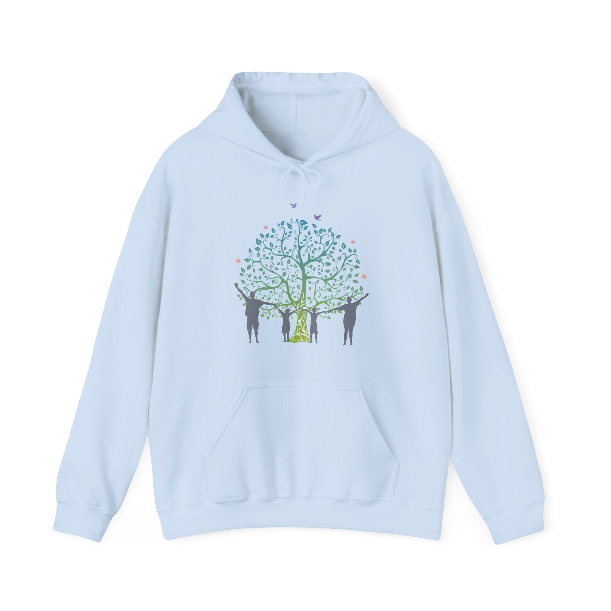 Light blue hoodie with a graphic of people around a tree on a white background