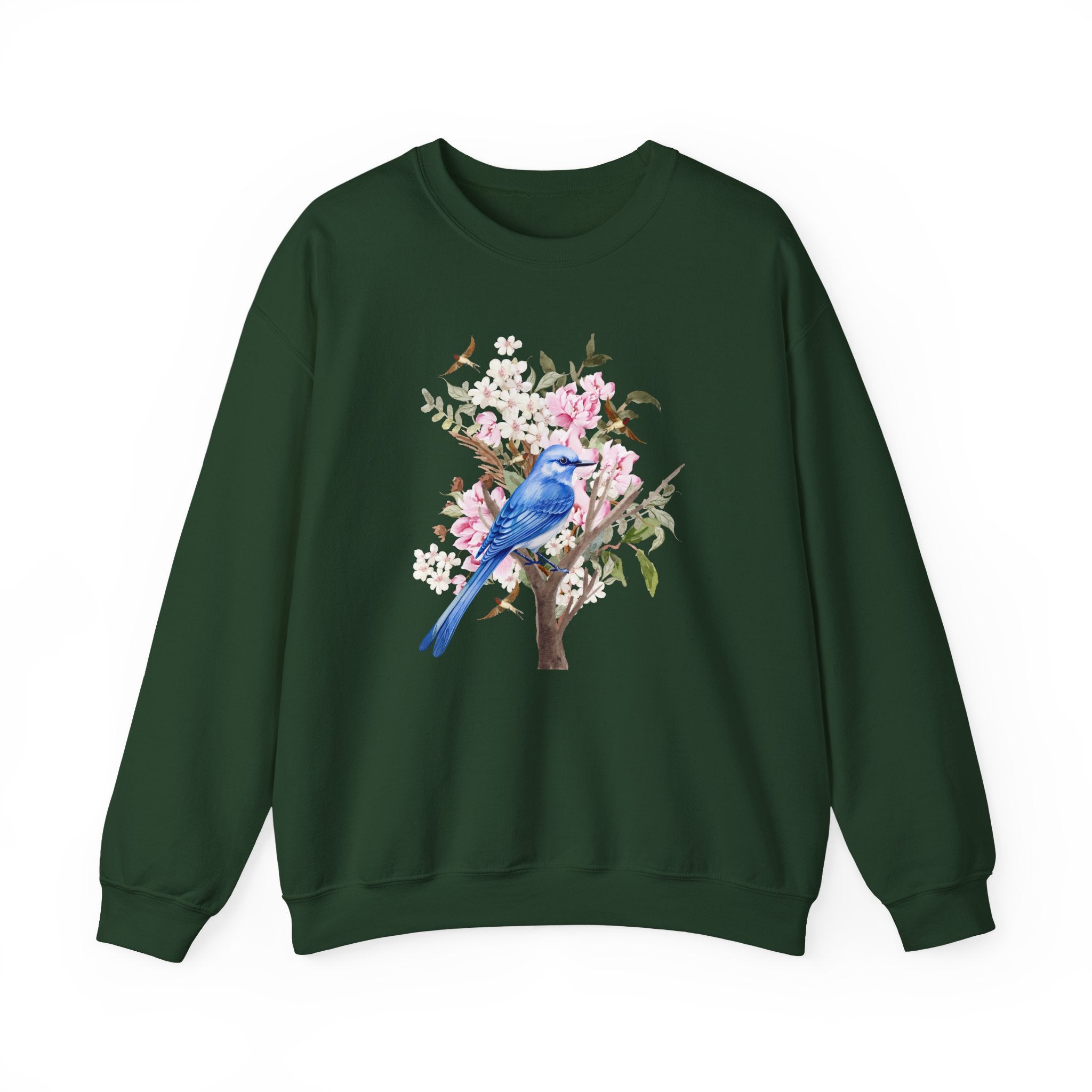 Green sweatshirt with a blue bird and floral design on a white background