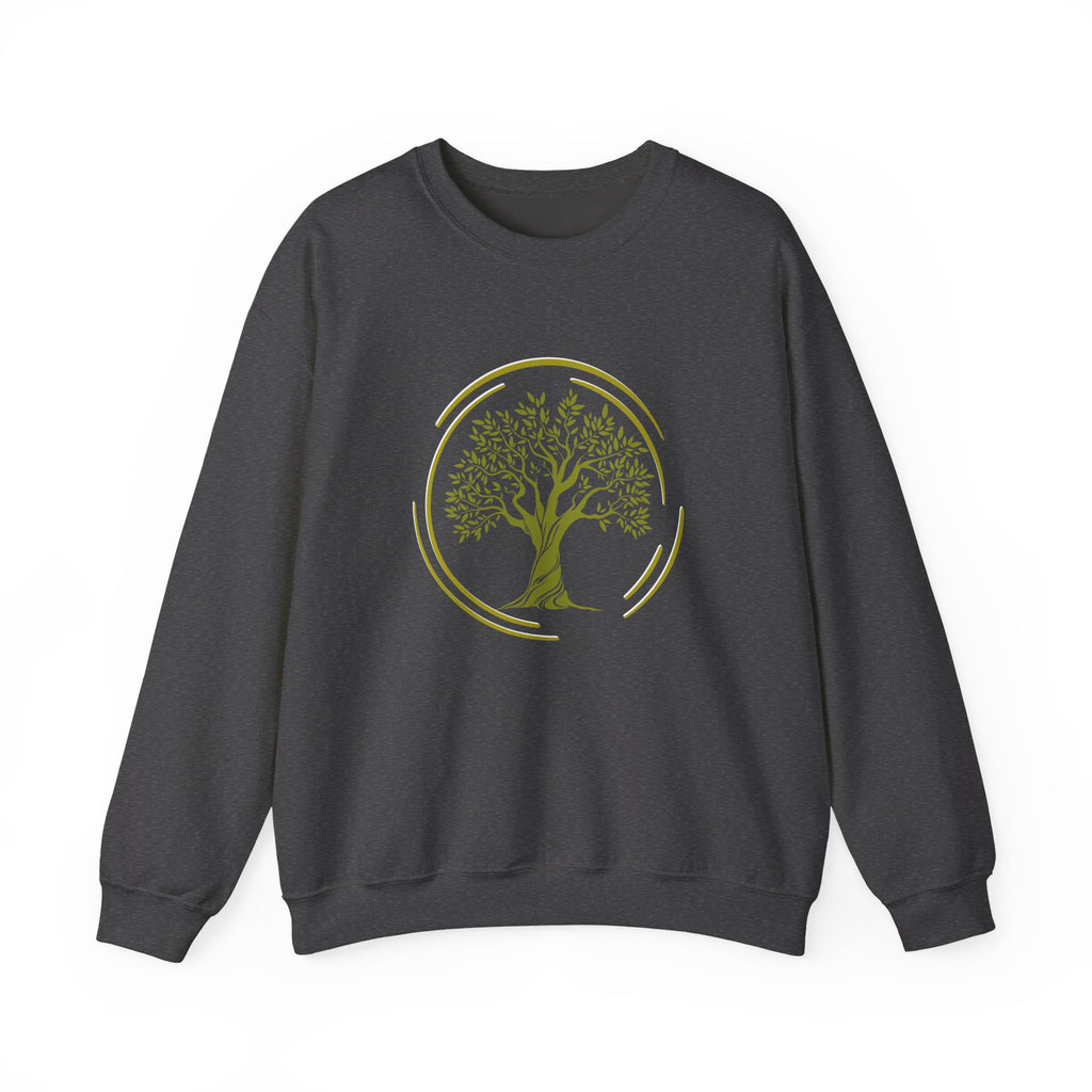 Dark gray sweatshirt with a green tree design on a white background