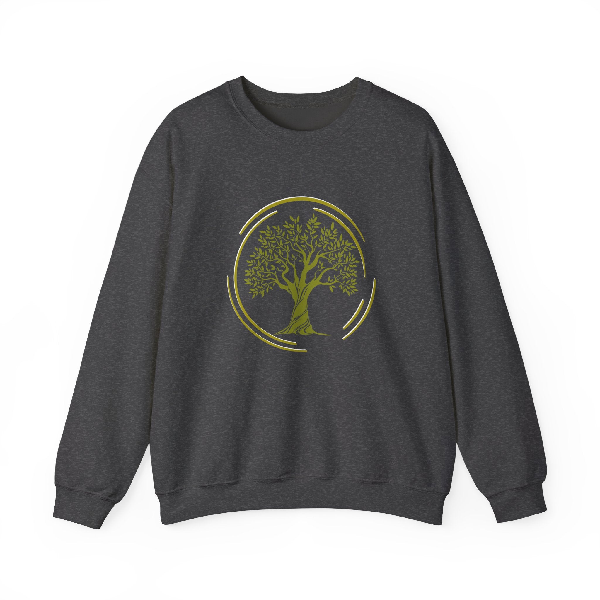 Dark gray sweatshirt with a green tree design on a white background