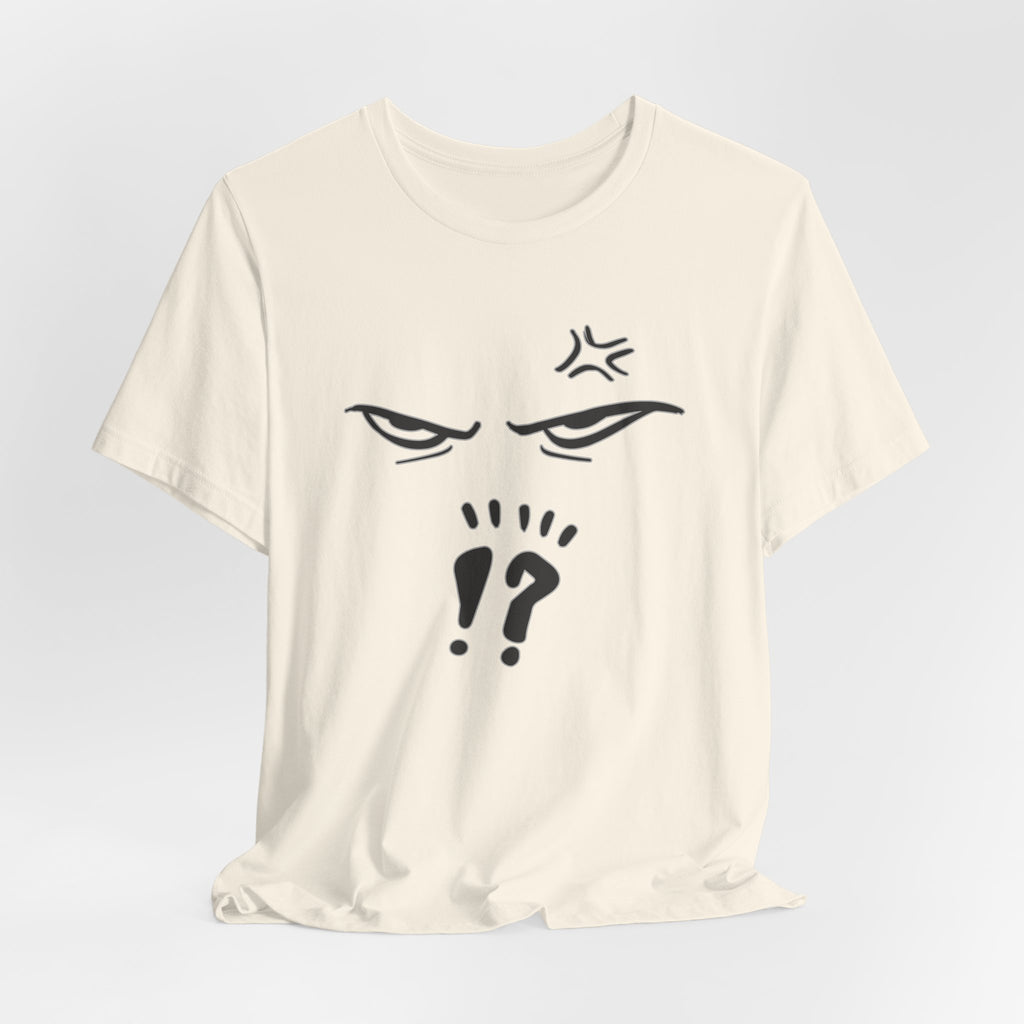 Beige t-shirt with black graphic design on a light gray background