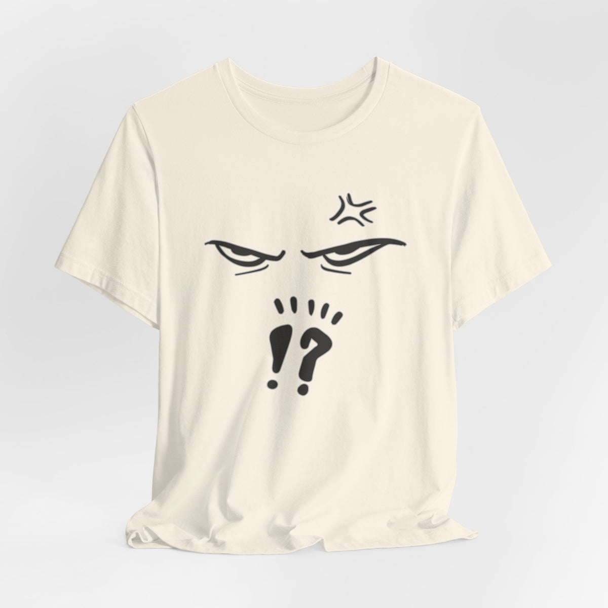 Beige t-shirt with black graphic design on a light gray background