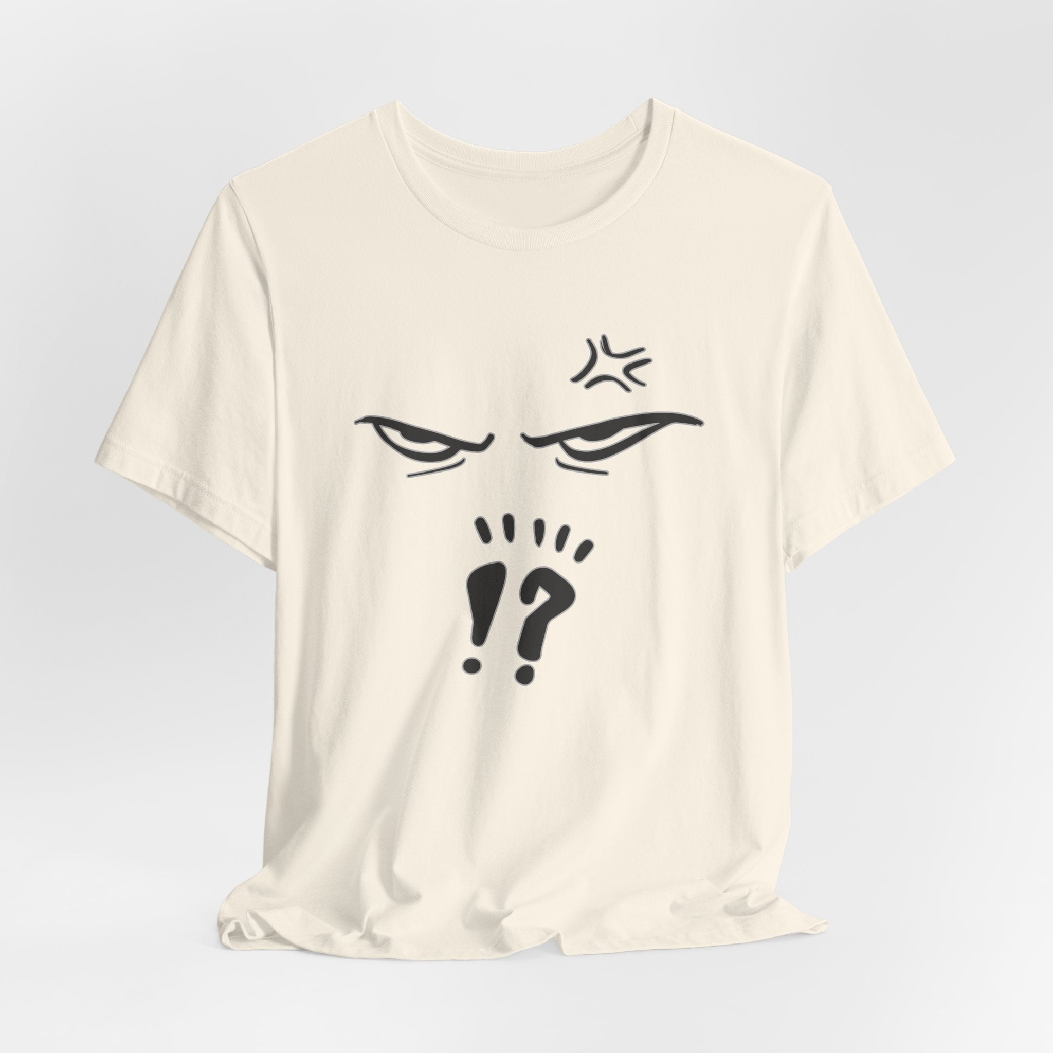 Beige t-shirt with black graphic design on a light gray background