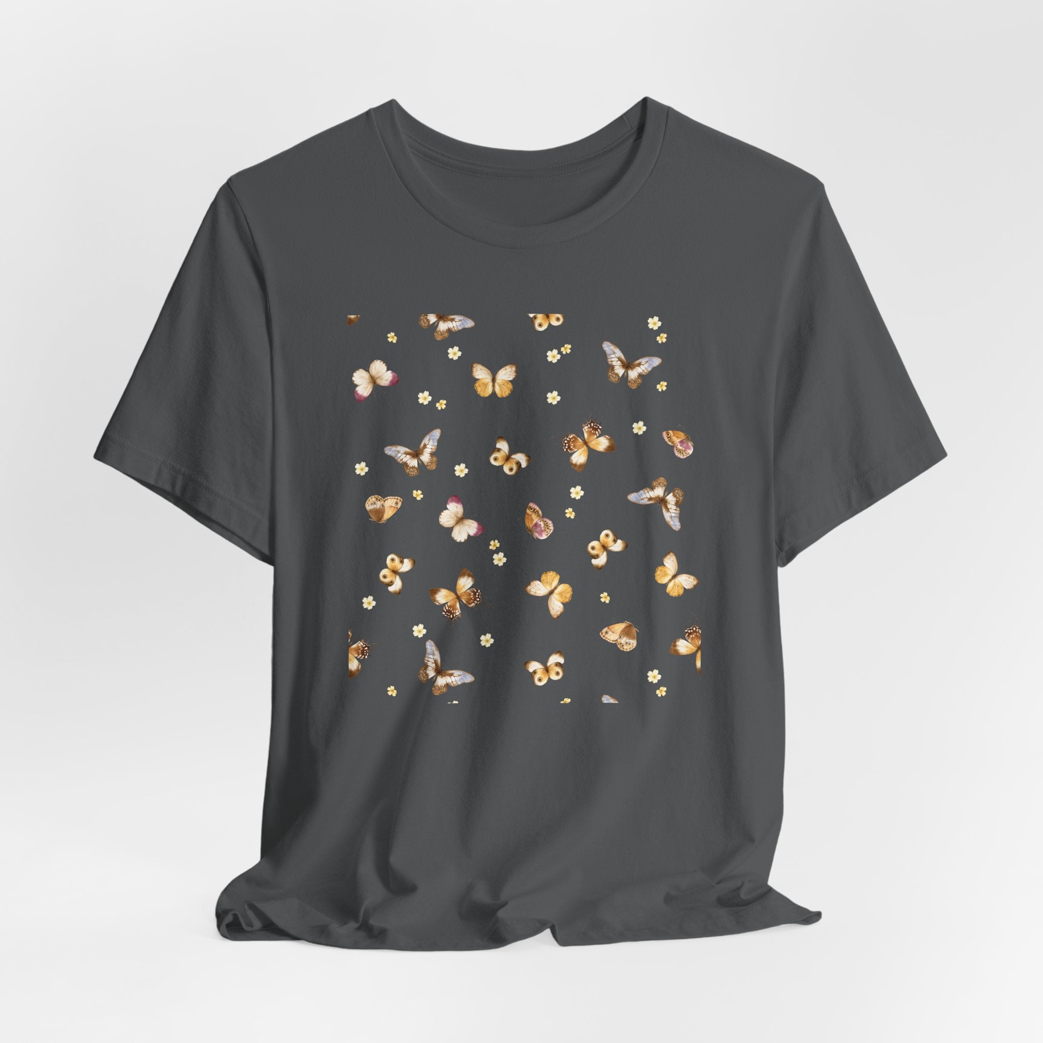 Gray t-shirt with butterfly pattern on a light gray background