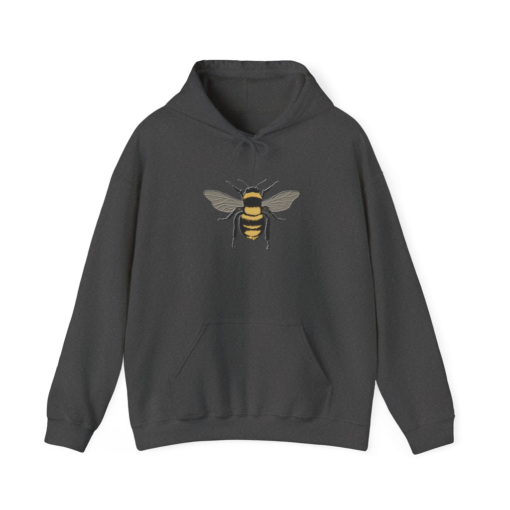 Dark gray hoodie with a bee design on a white background