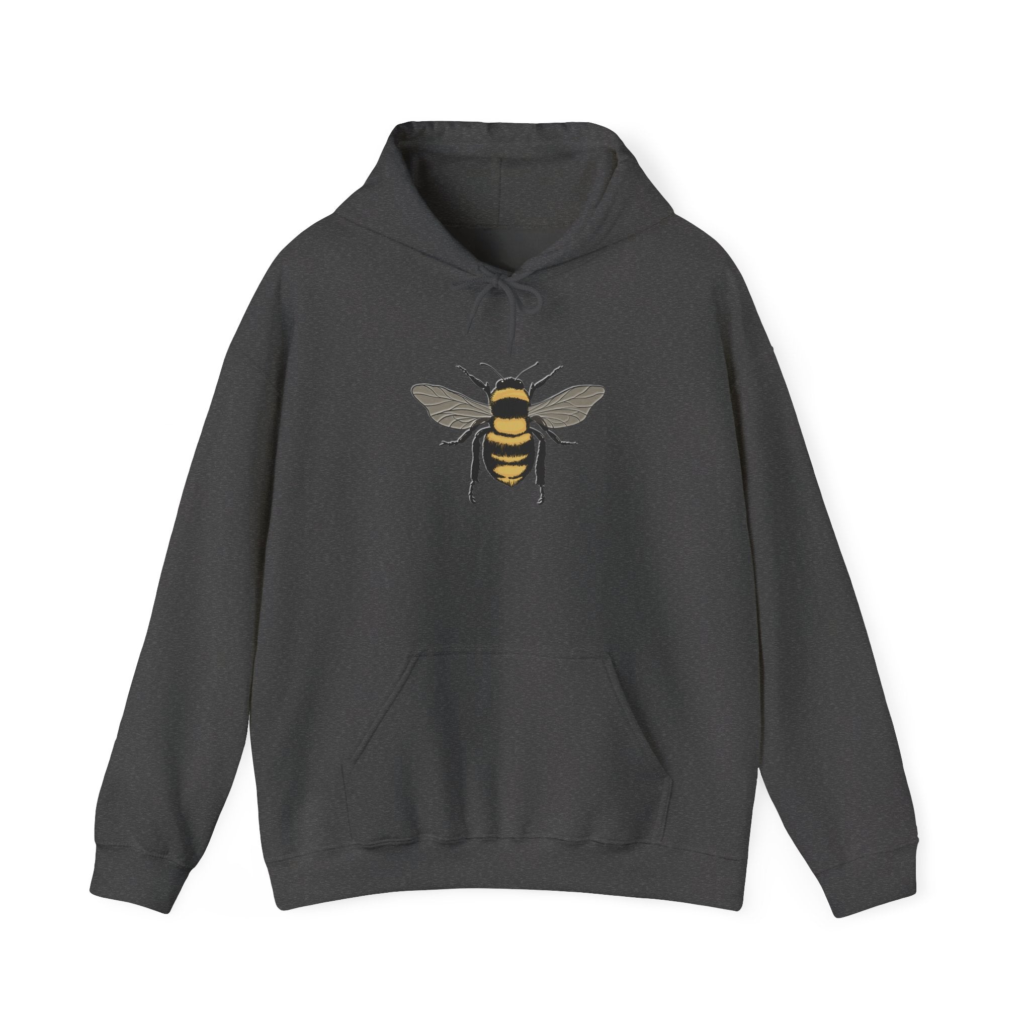 Dark gray hoodie with a bee design on a white background