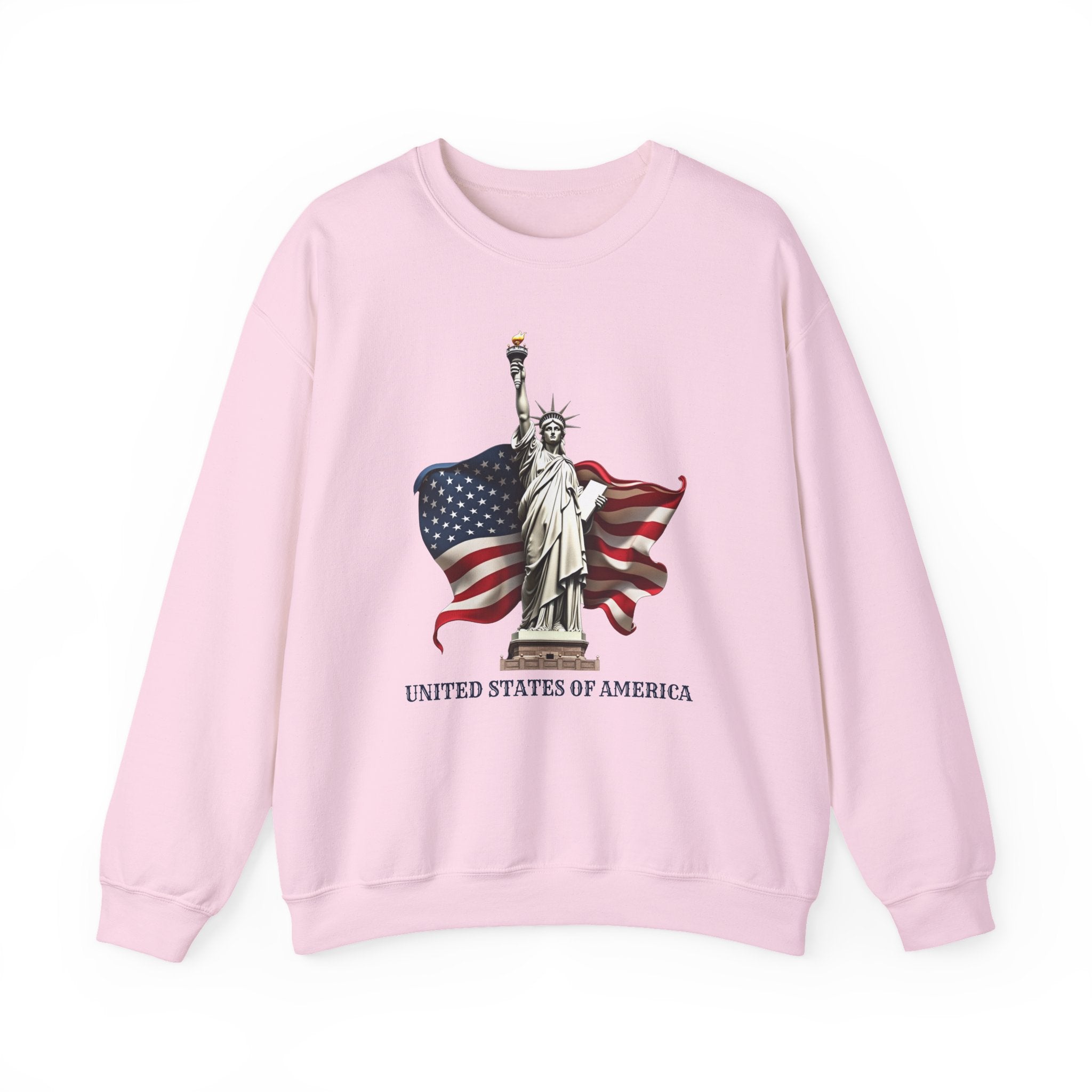 Pink sweatshirt with Statue of Liberty and American flag design on a white background