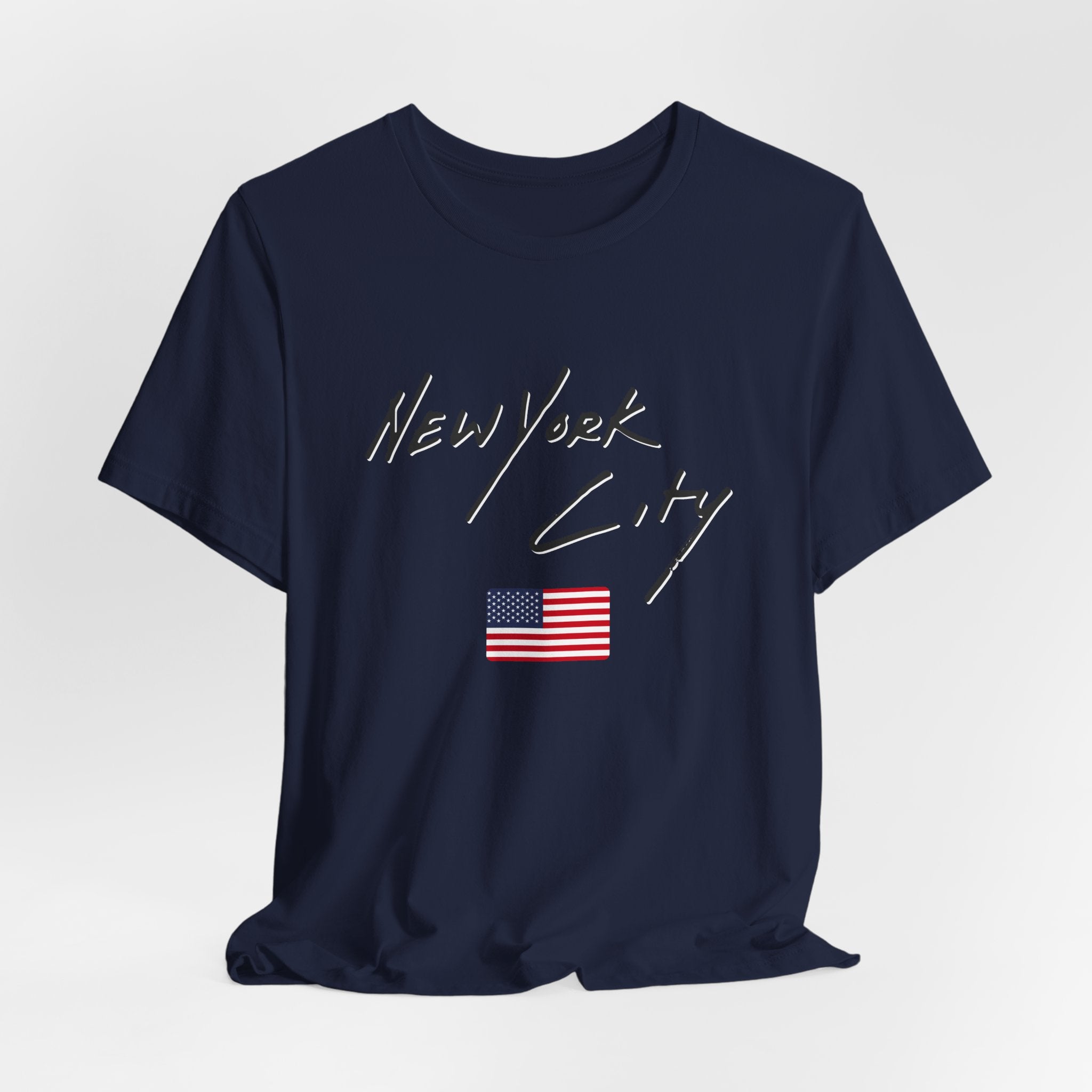 Navy blue t-shirt with 'New York City' text and American flag on a white background