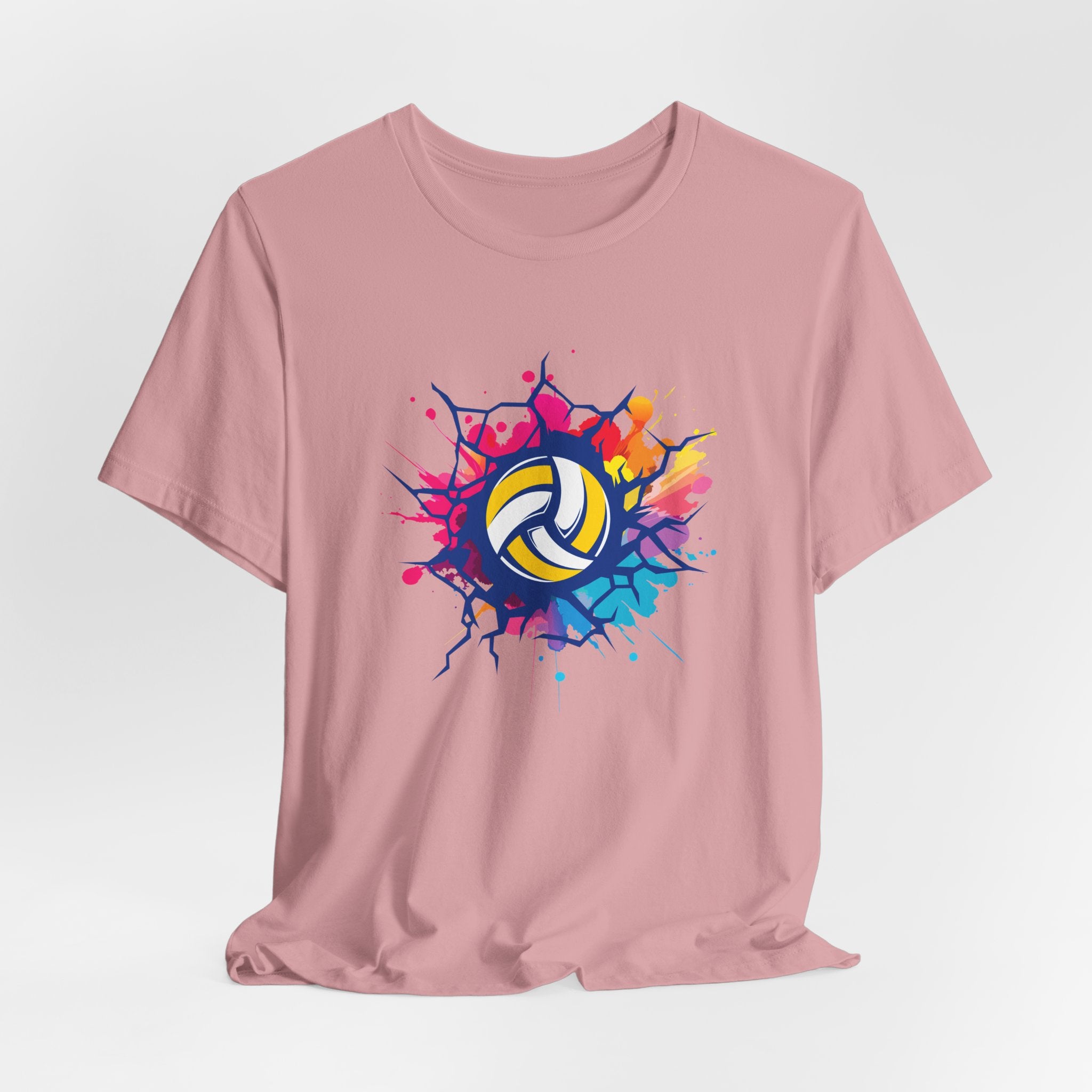 Pink t-shirt with a colorful volleyball graphic on a light gray background