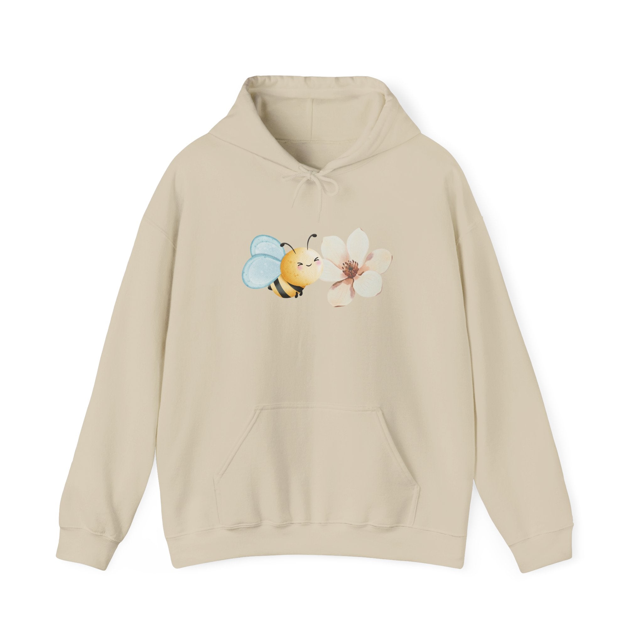 Beige hoodie with a flower and bee design on a white background