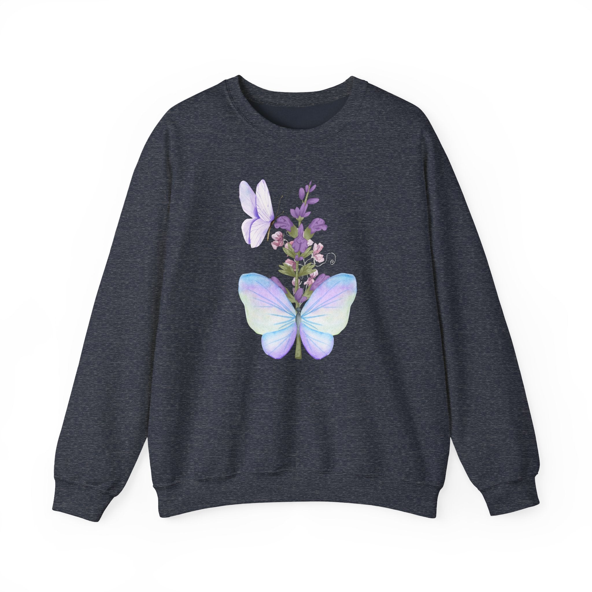 Dark navy sweatshirt with butterfly and floral design on a white background