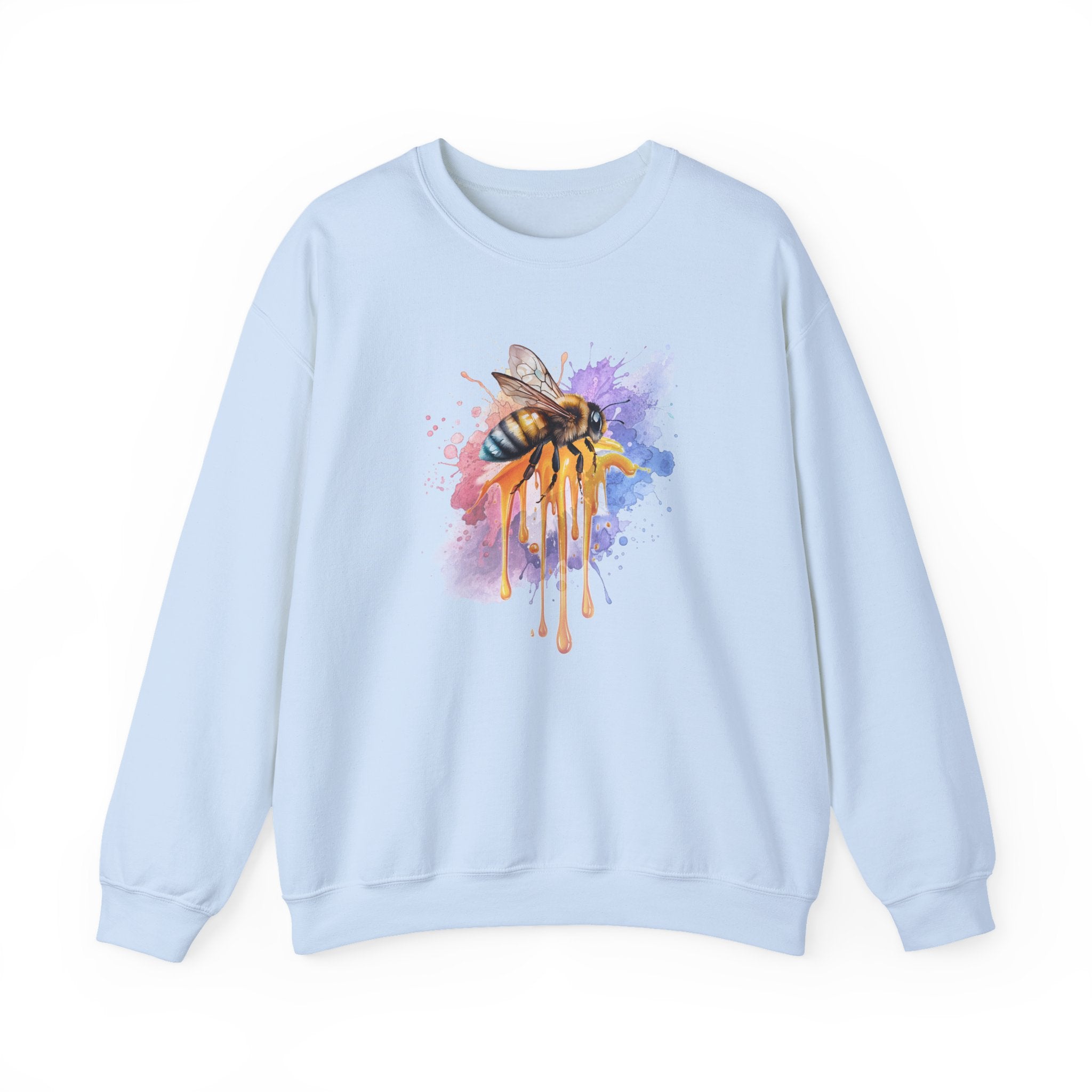 Light blue sweatshirt with a colorful bee design on a white background