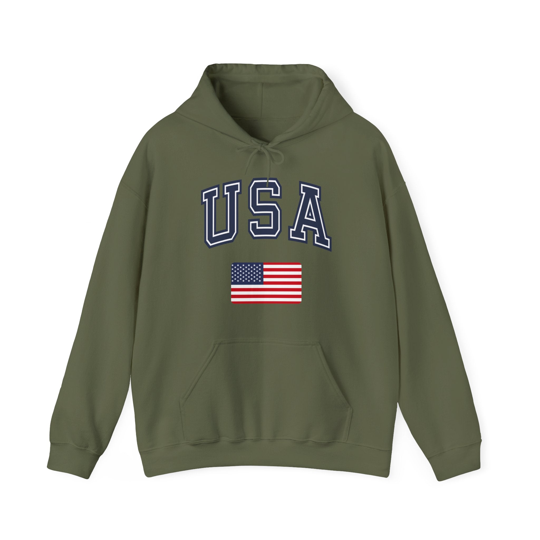 Green hoodie with 'USA' text and American flag on a white background