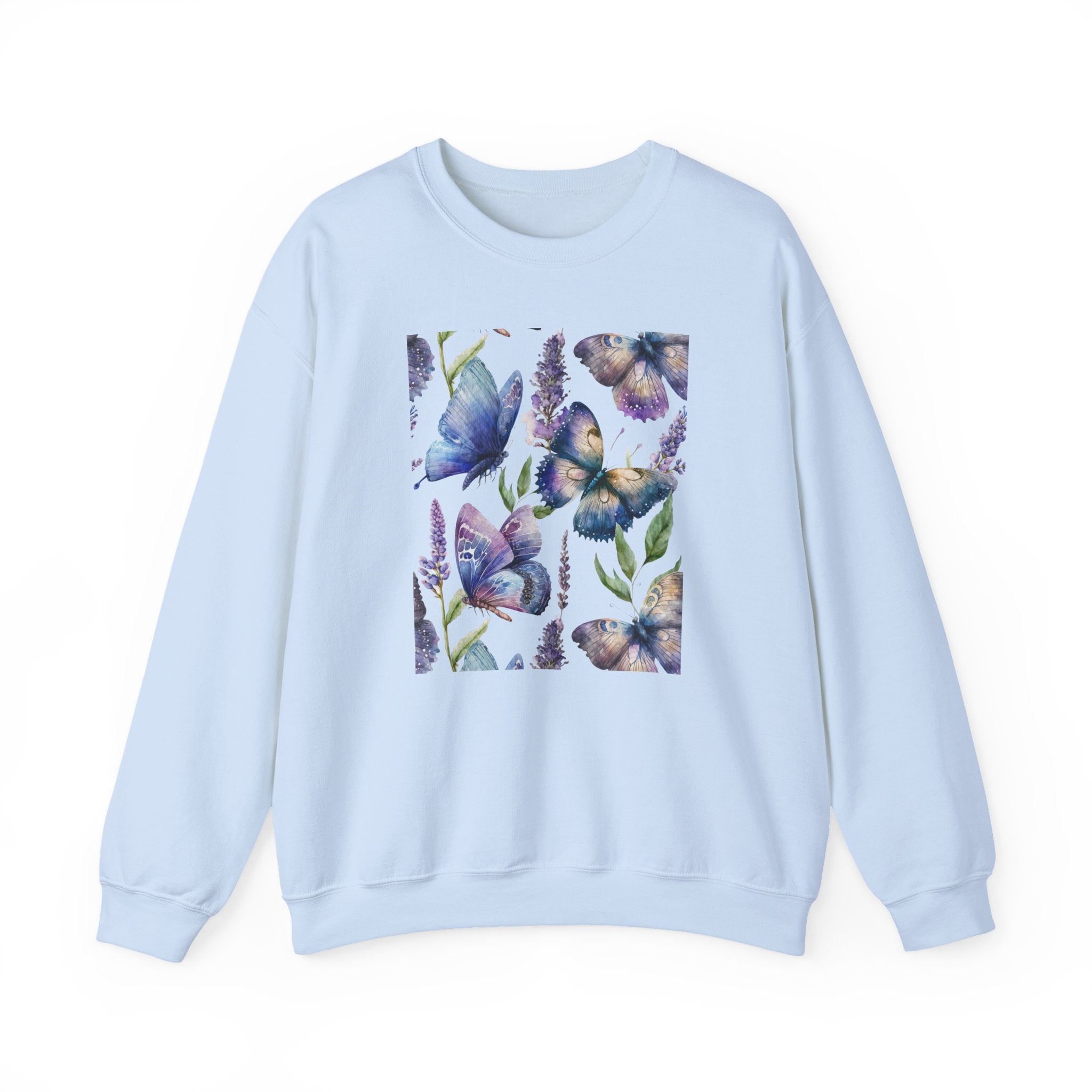 Light blue sweatshirt with butterfly and floral design on a white background