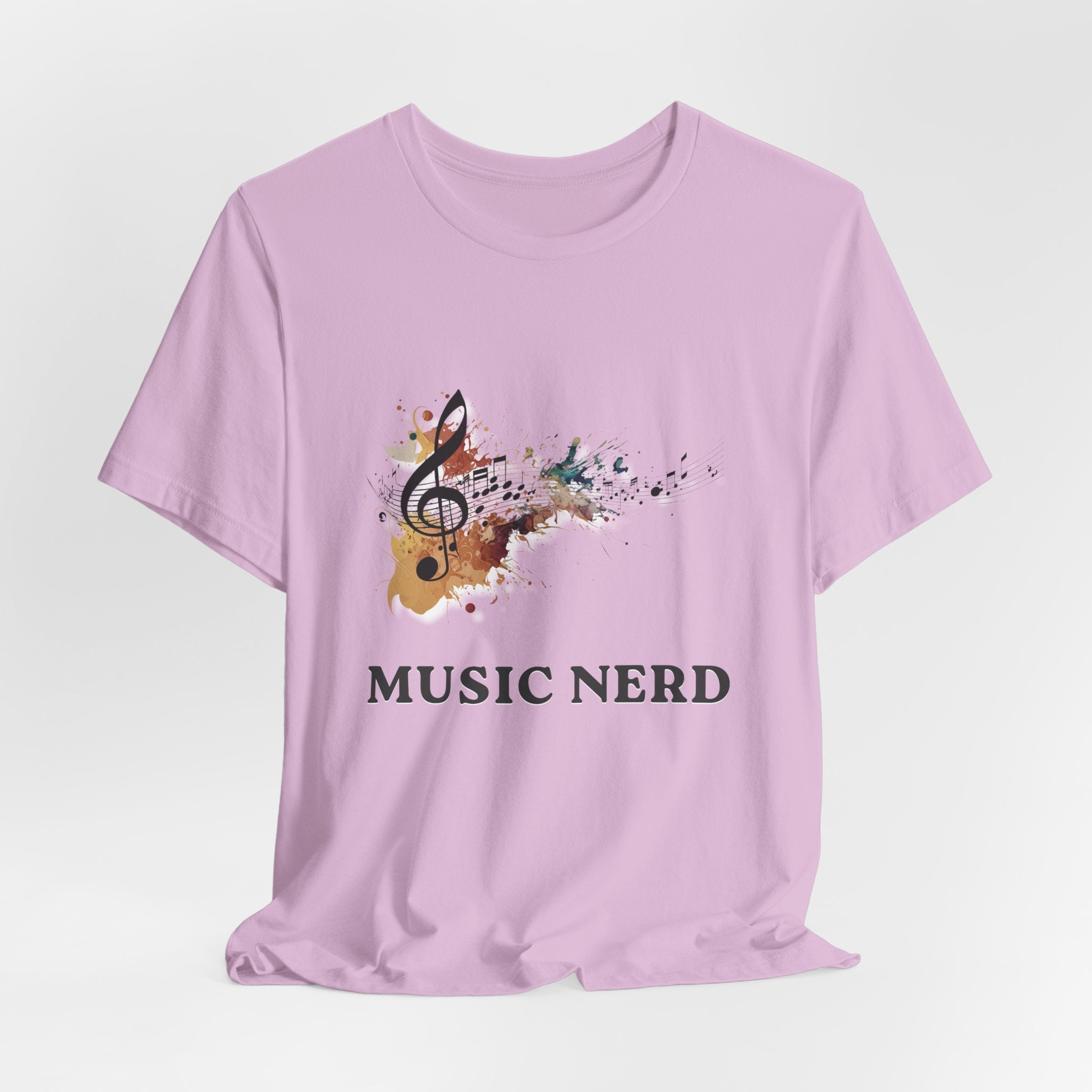 Pink t-shirt with musical design and 'Music Nerd' text on a white background