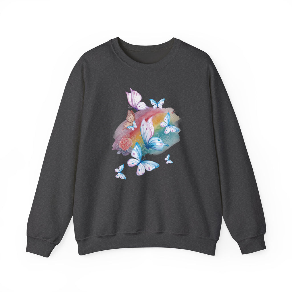 Dark gray sweatshirt with colorful butterfly design on a white background