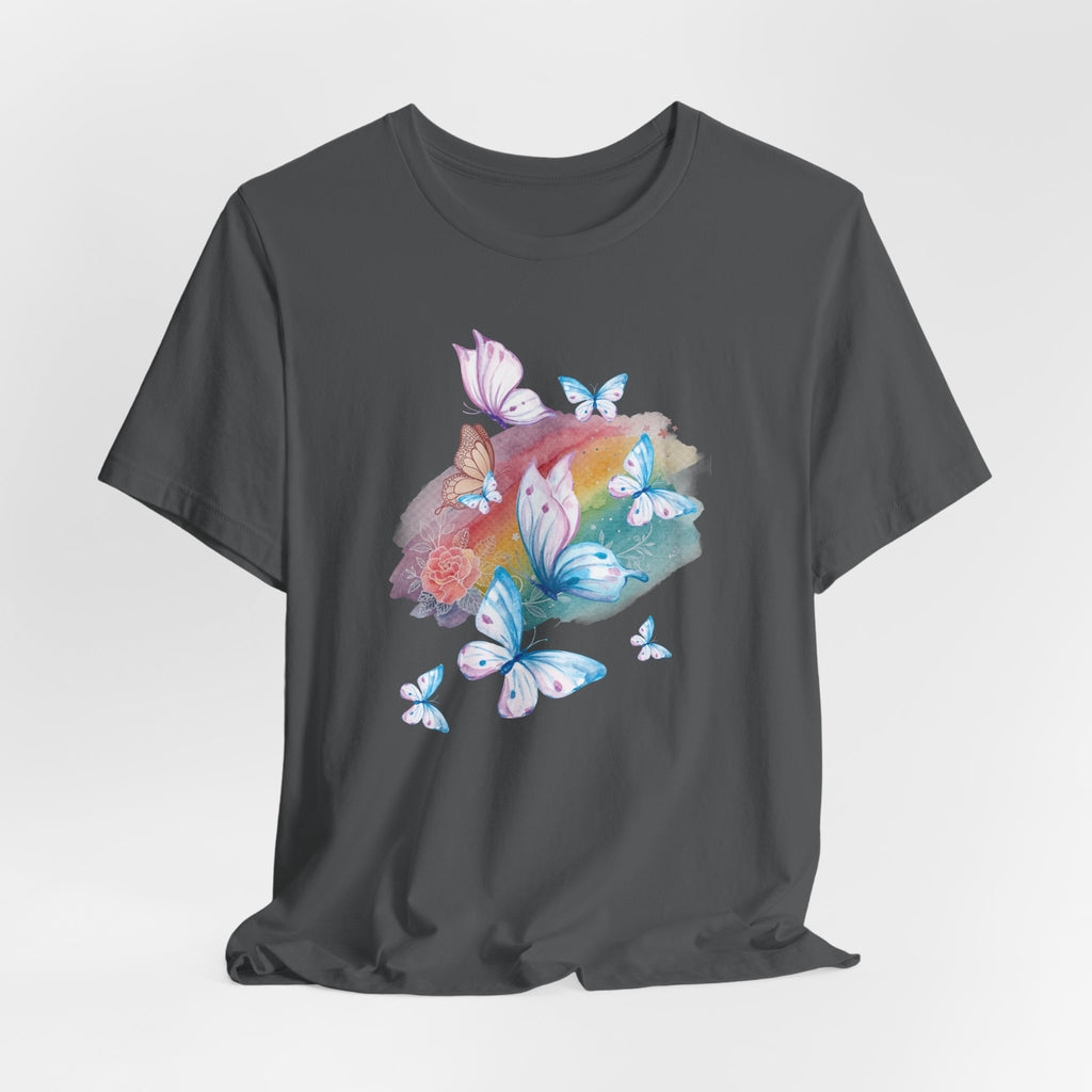 Gray t-shirt with colorful butterfly design on a light gray background