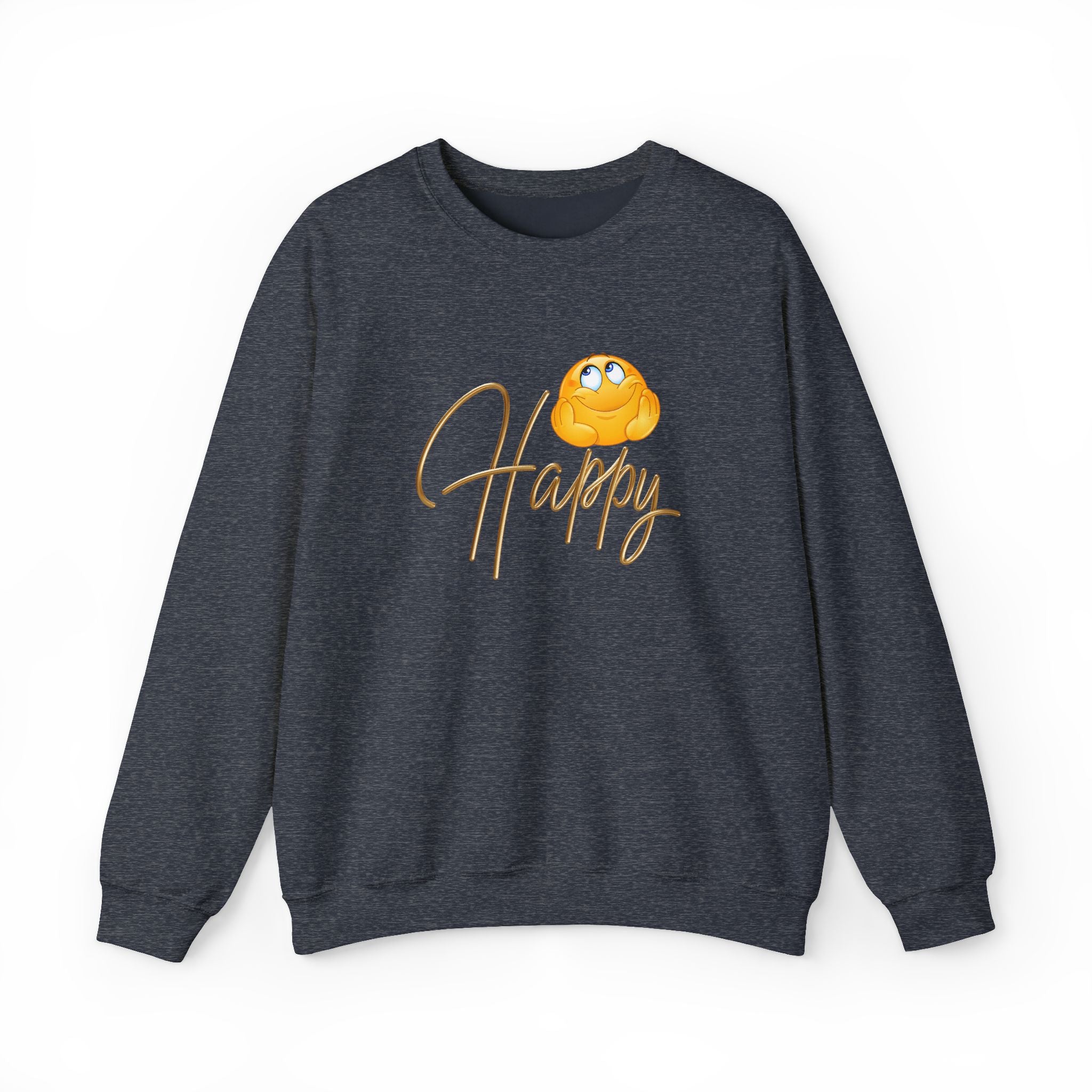 Dark gray sweatshirt with a yellow emoji and 'Happy' text on a white background