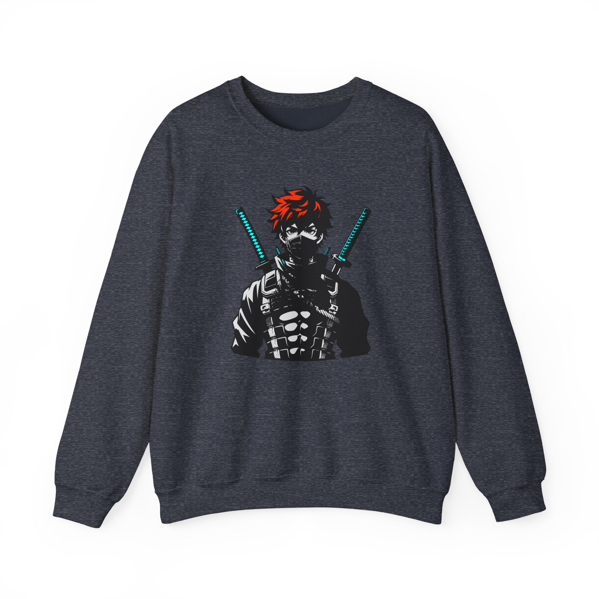 Dark navy sweatshirt with a graphic design of a character holding swords on a white background