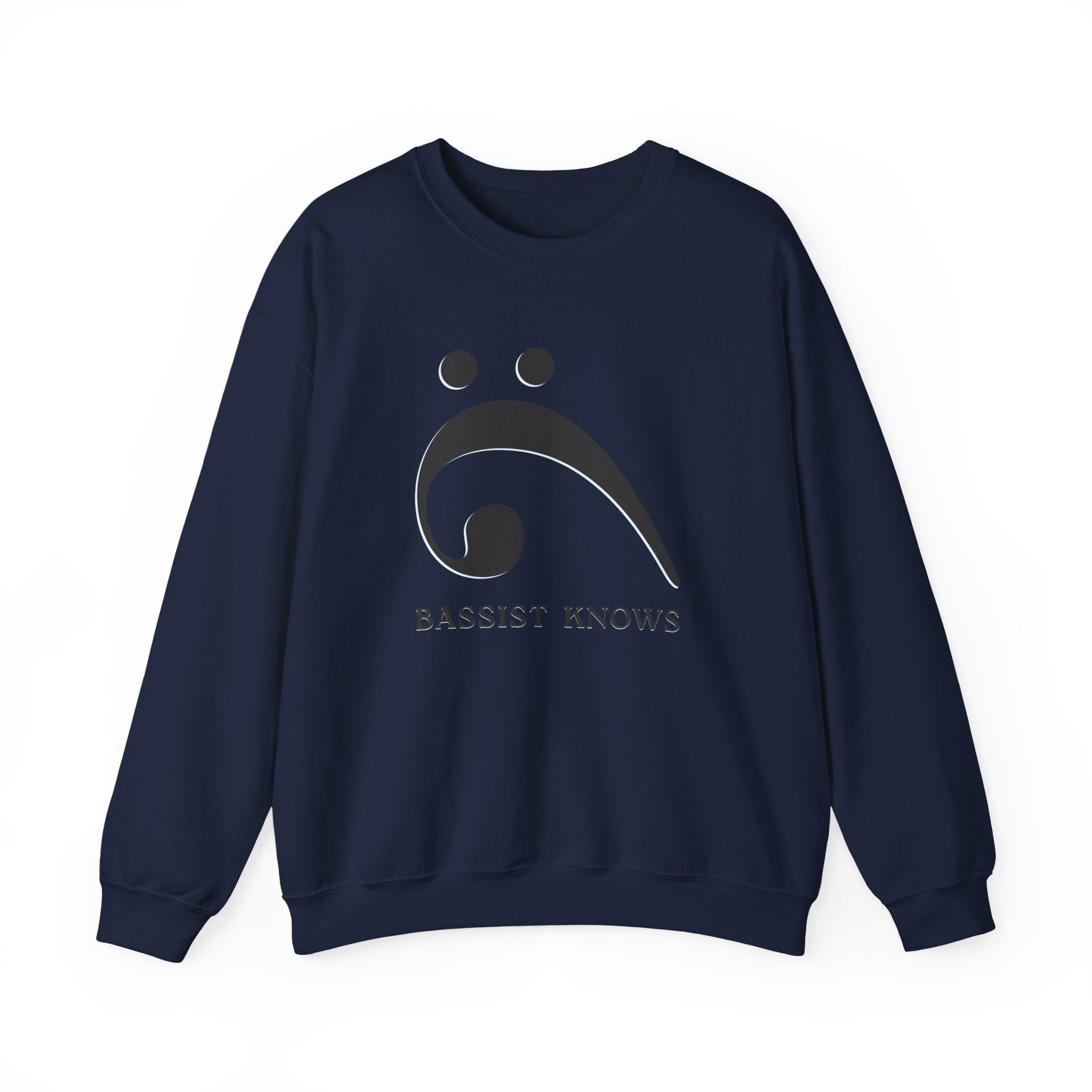 Navy blue sweatshirt with a black bass clef graphic and "Bassist Knows" text on a white background