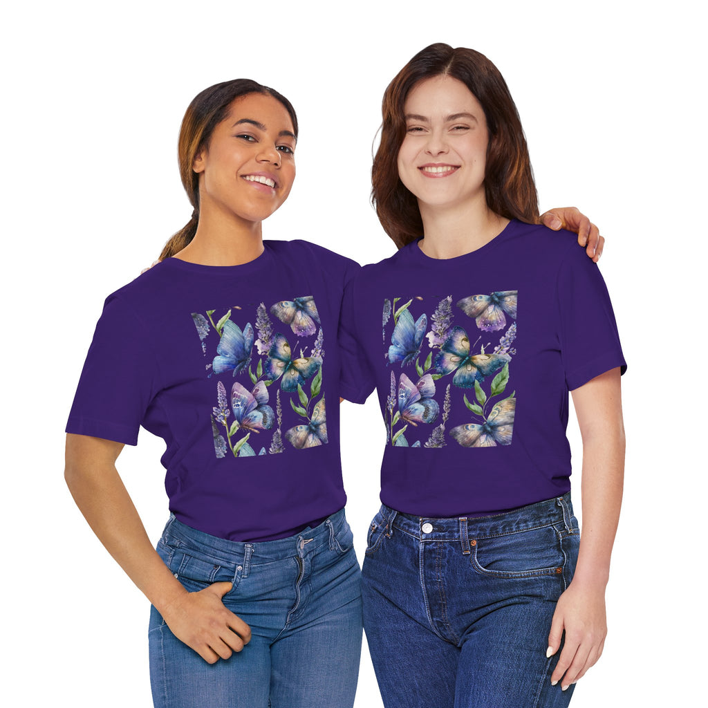 Two people wearing t-shirt with blue butterfly design on a light gray background