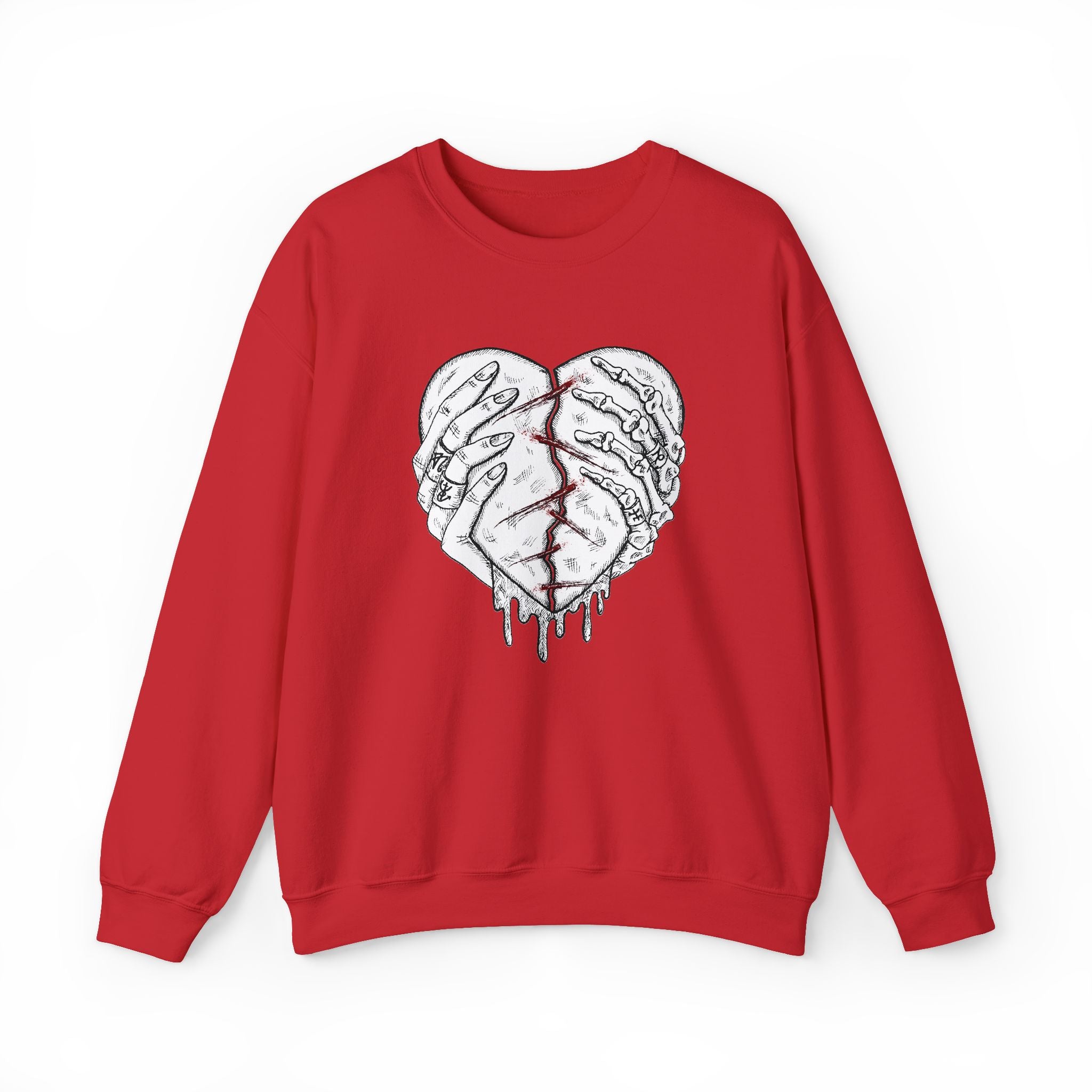 Red sweatshirt with a graphic design of a broken heart on a white background