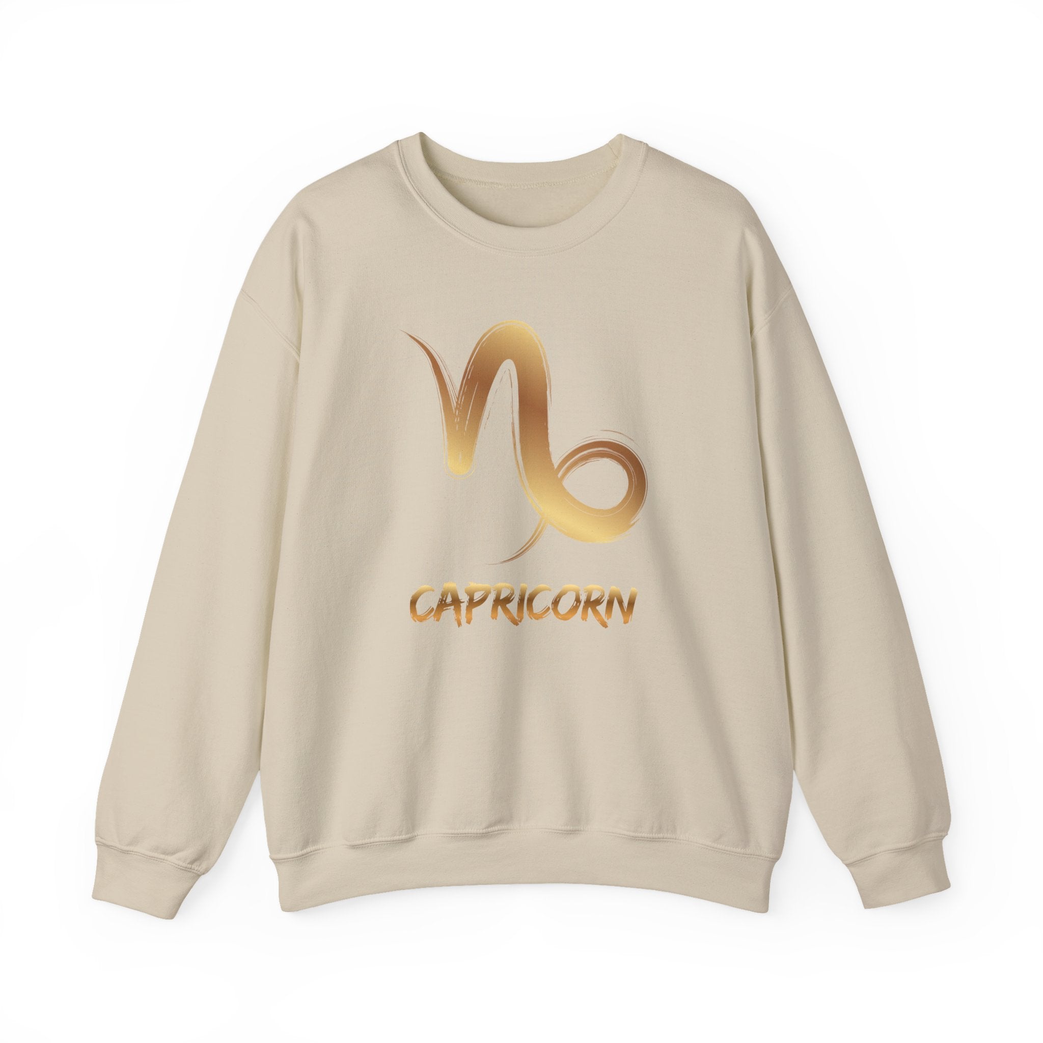 Beige sweatshirt with gold Capricorn symbol and text on a white background