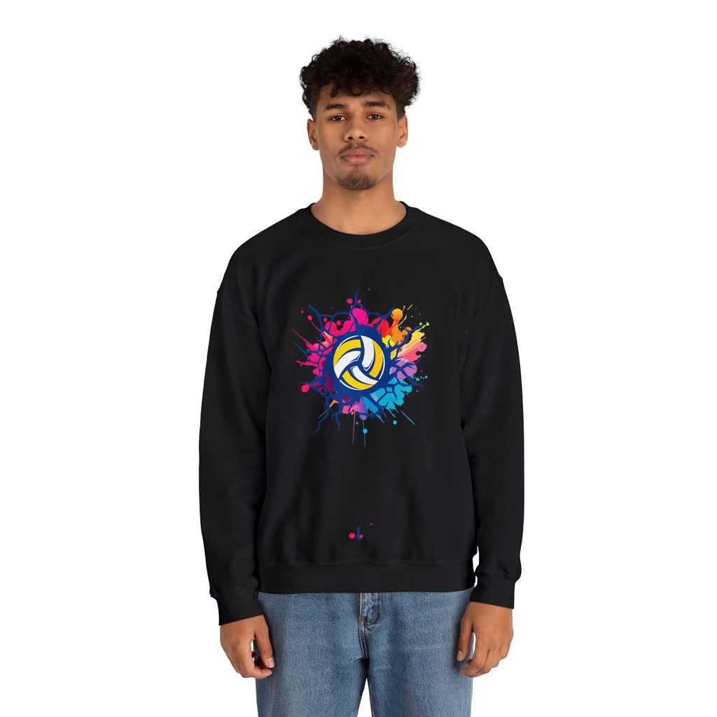 Person wearing a black sweatshirt with a colorful volleyball design on a white background