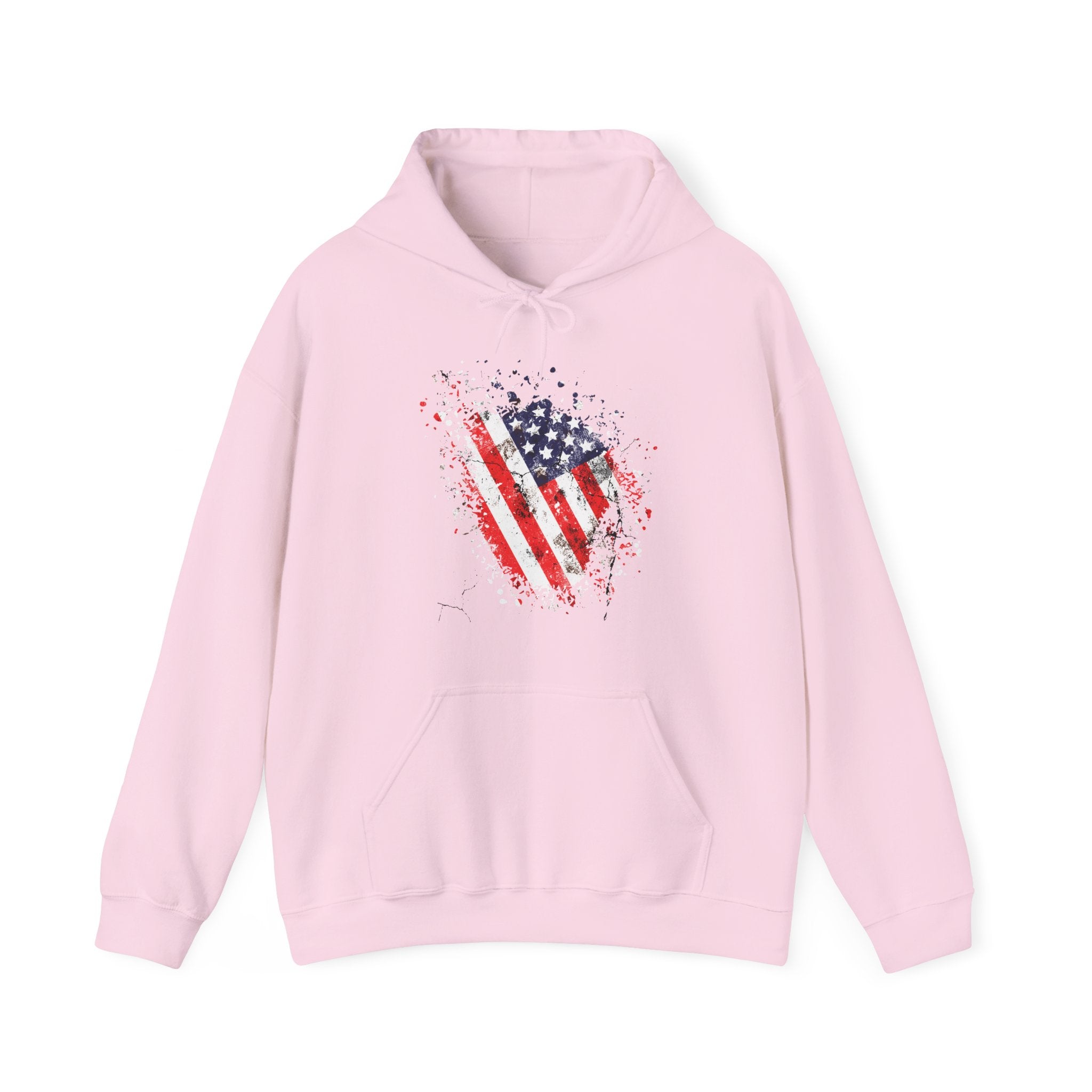 Pink hoodie with vintage American flag design on a white background