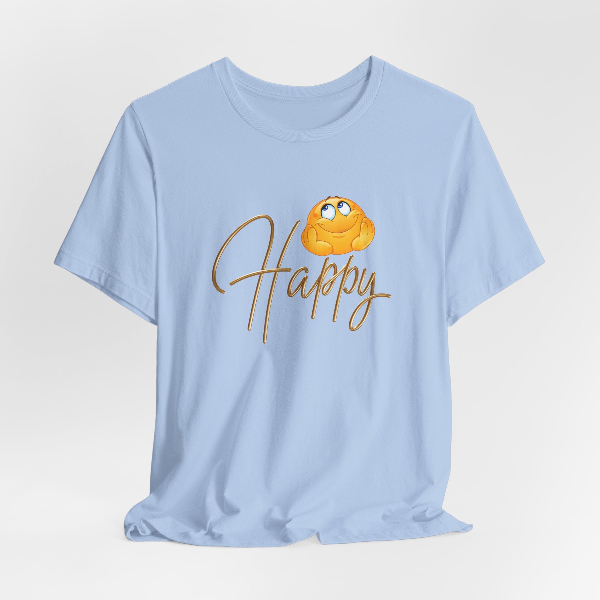 Light blue t-shirt with a cartoon character and 'Happy' text on a light gray background