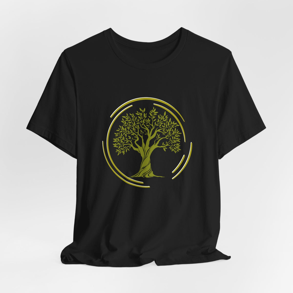 Black t-shirt with a graphic of tree inside the circle on a white background