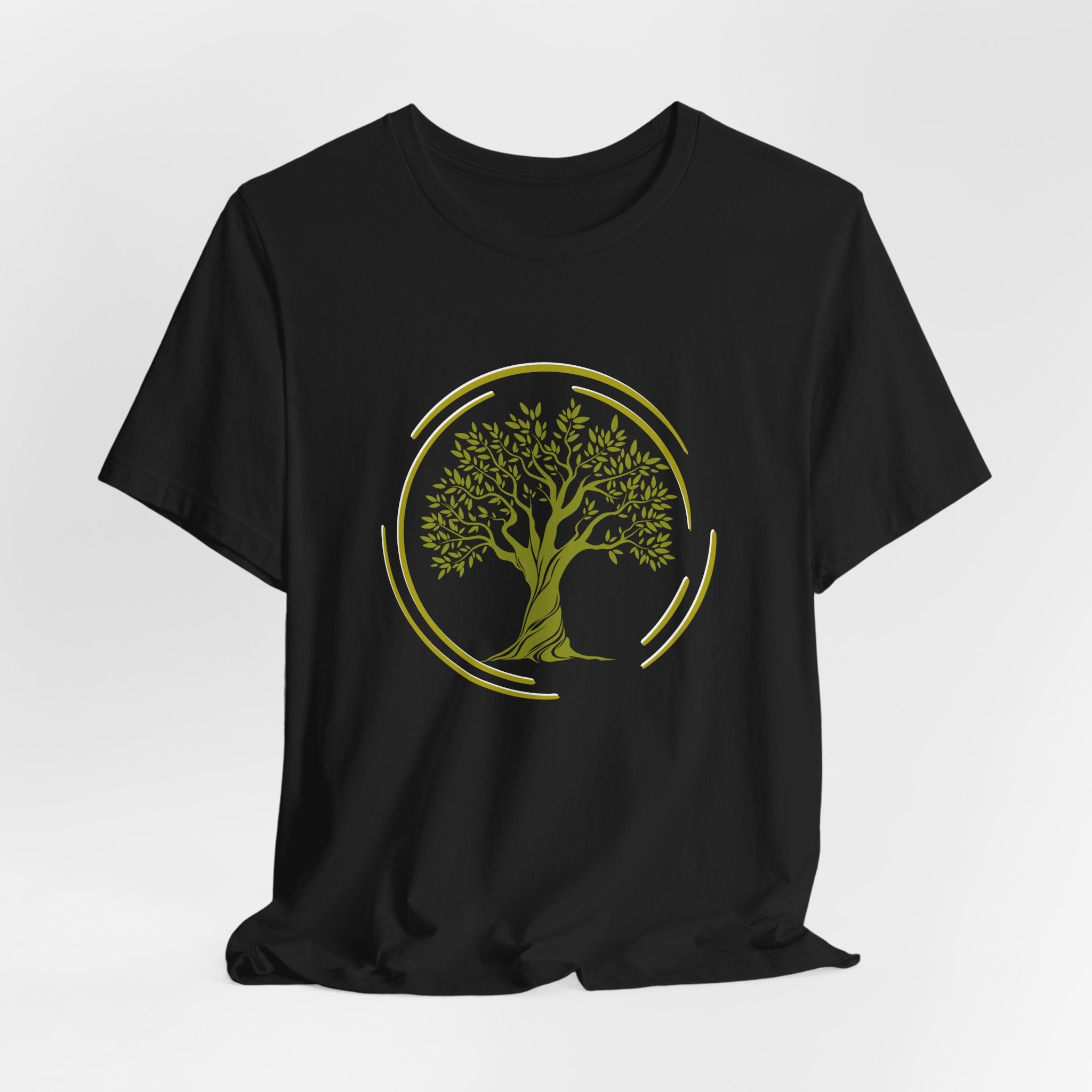 Black t-shirt with a graphic of tree inside the circle on a white background