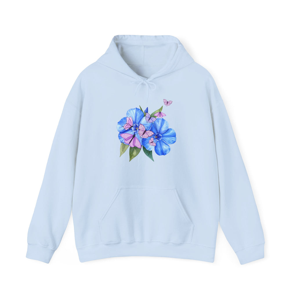 Light blue hoodie with floral design on a white background