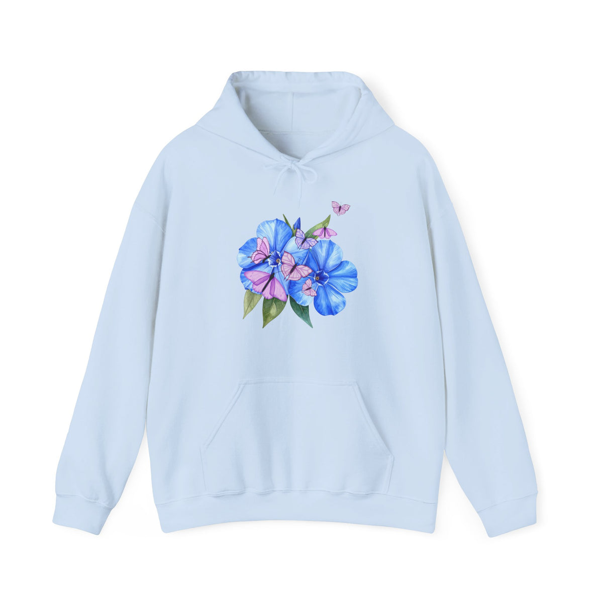 Light blue hoodie with floral design on a white background