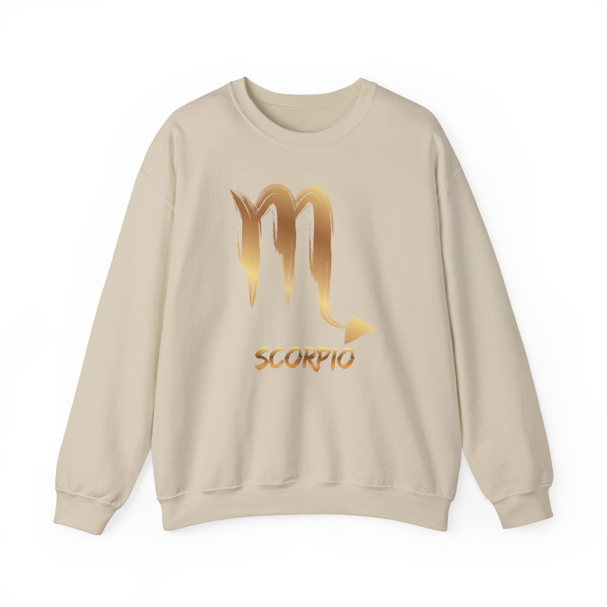 Beige sweatshirt with gold Scorpio symbol and text on a white background