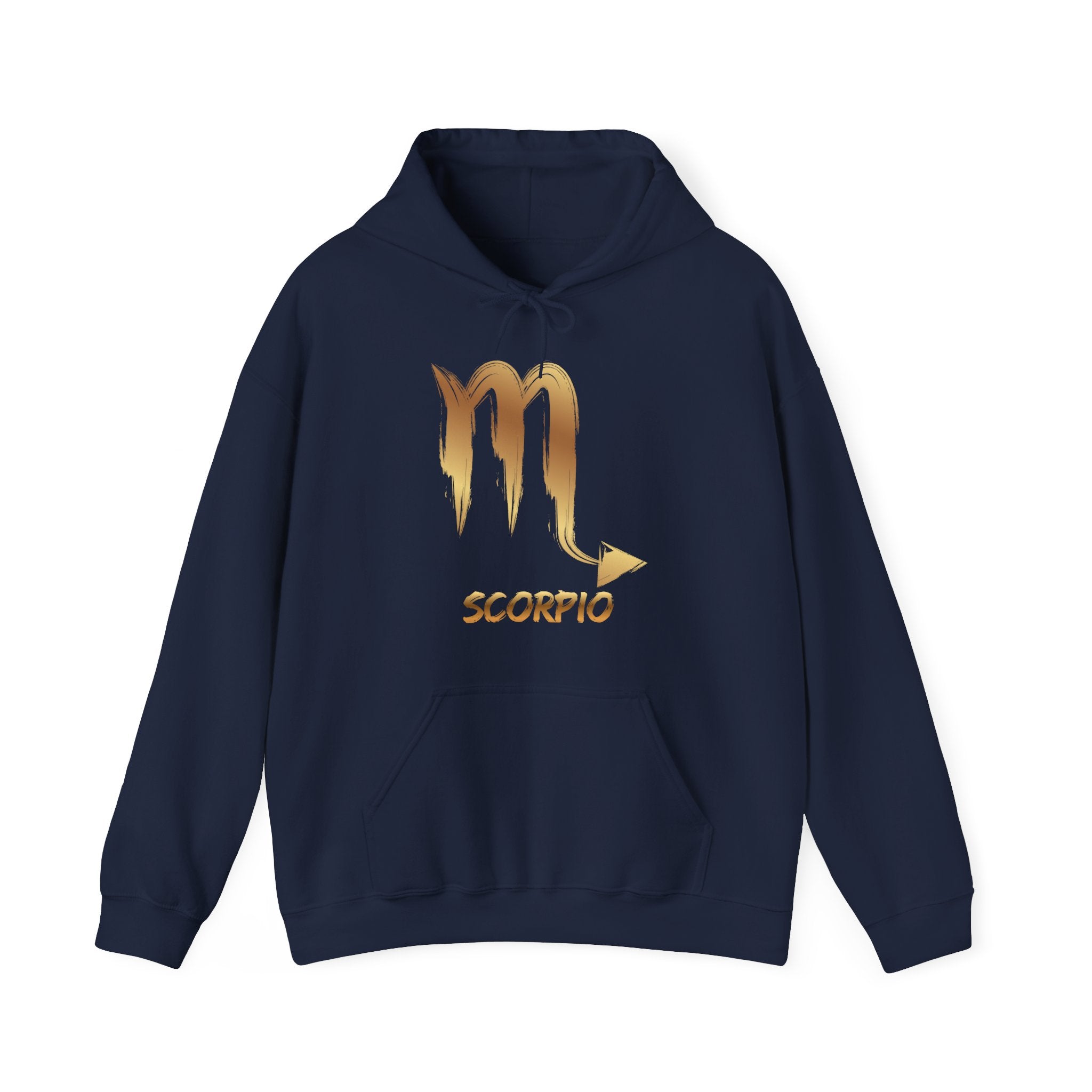 Navy blue hoodie with gold Scorpio symbol and text on a white background