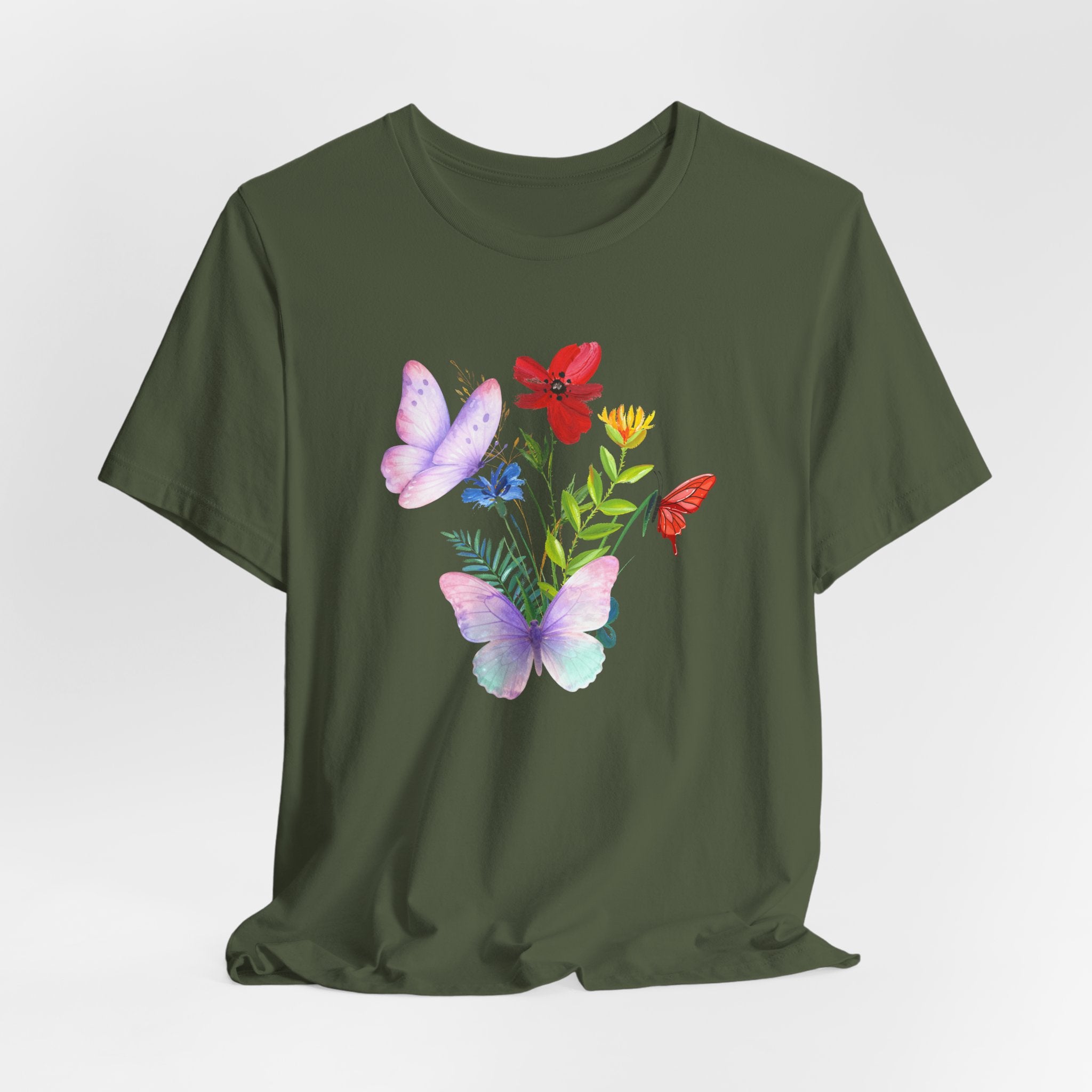 Green t-shirt with butterfly and floral design on a white background